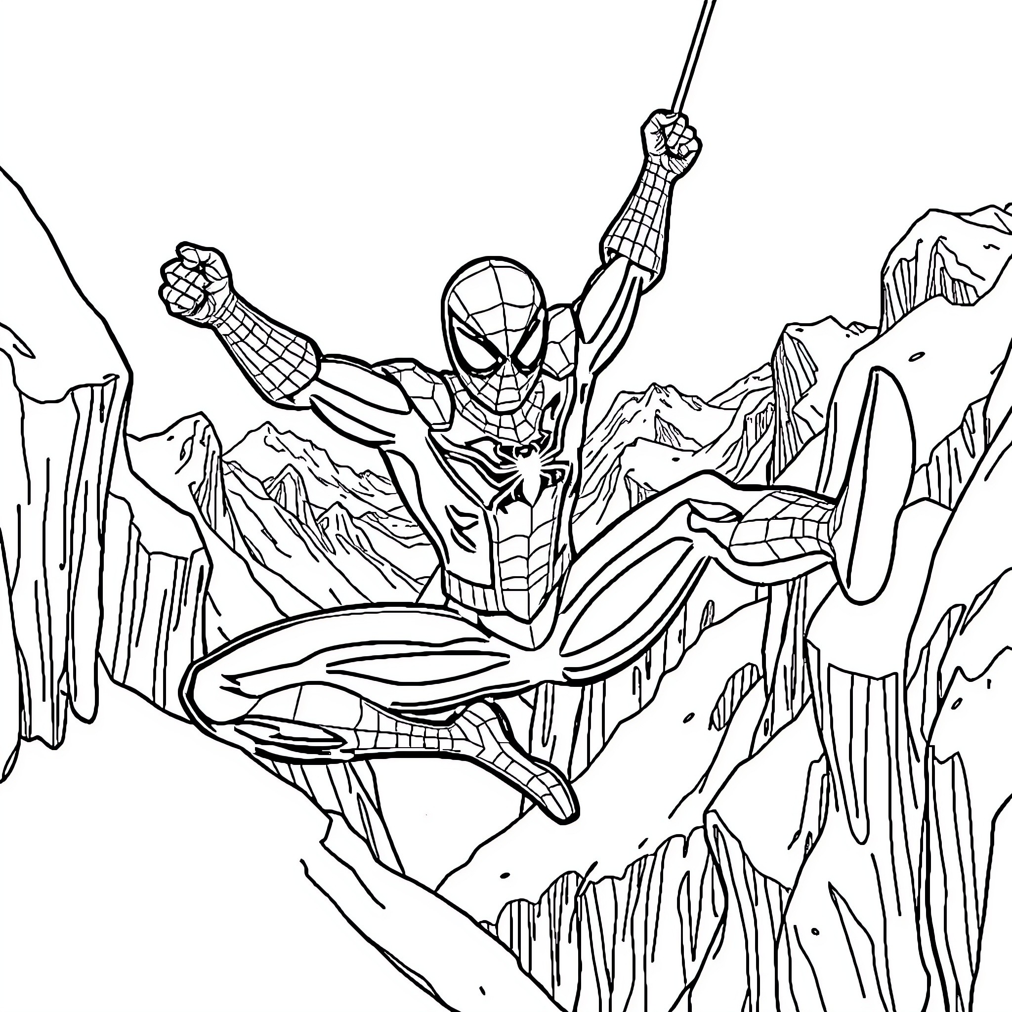 Spiderman Swinging through the Cityscape Coloring Page (free black-and-white line drawing printable PDF for all, from beginners to advanced learners, including children, teens, adults, and seniors)