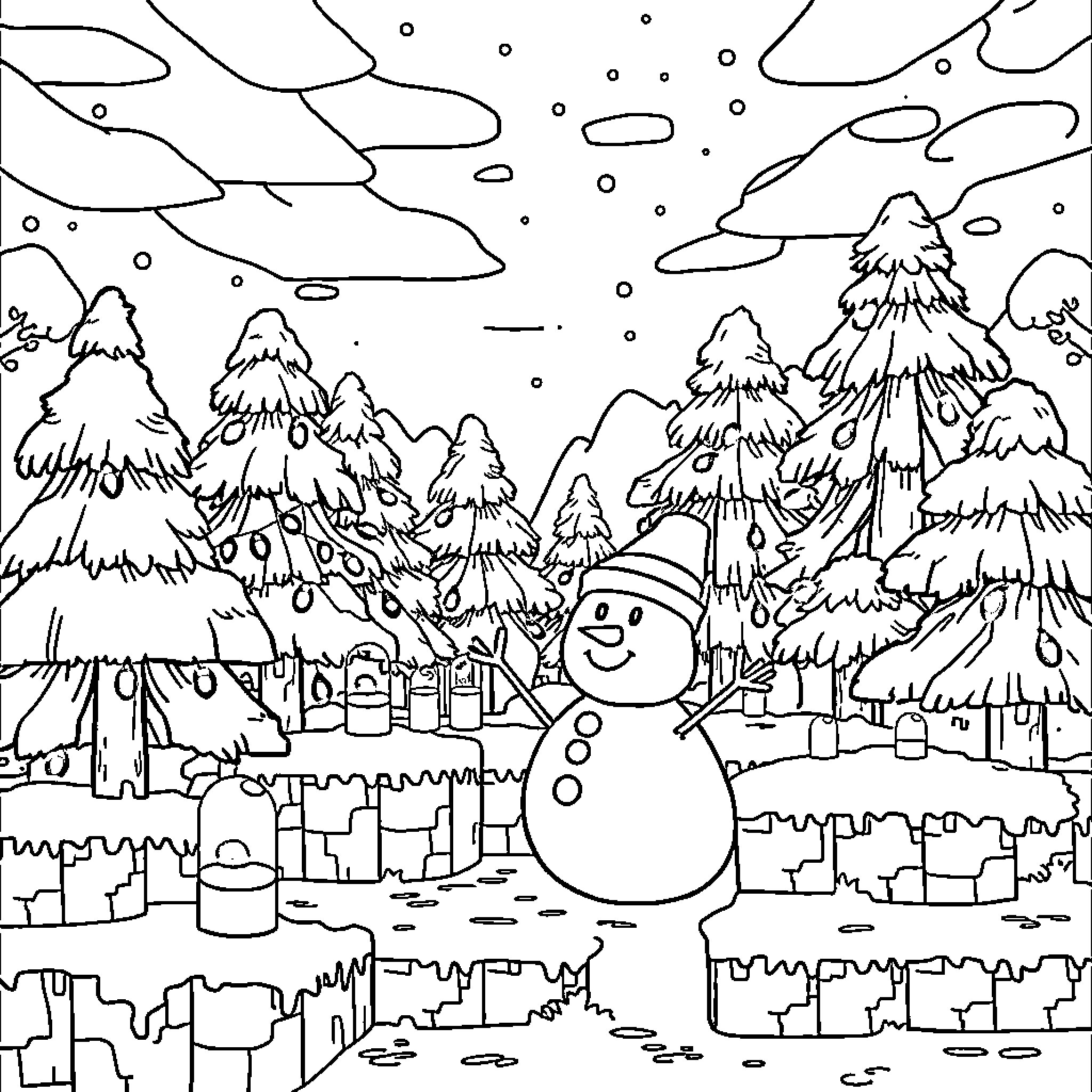 Minecraft Snowman in Snowy Winter Wonderland Coloring Page (free black-and-white line drawing printable PDF for all, from beginners to advanced learners, including children, teens, adults, and seniors)