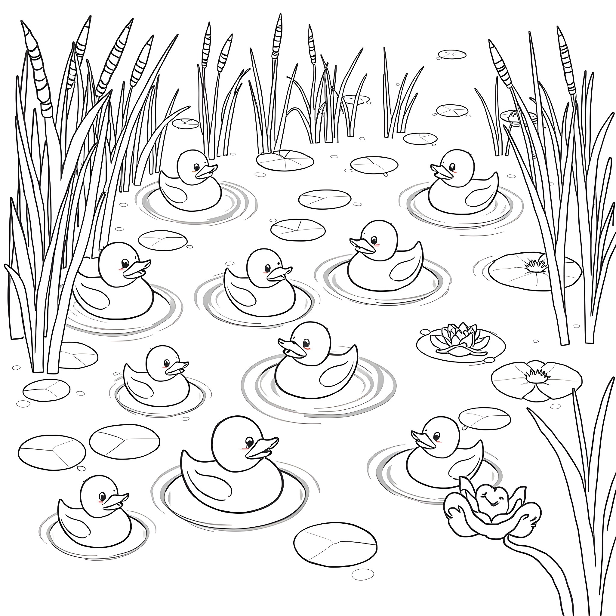 Rubber Duck Family Playing in a Pond Coloring Page (free black-and-white line drawing printable PDF for all, from beginners to advanced learners, including children, teens, adults, and seniors)