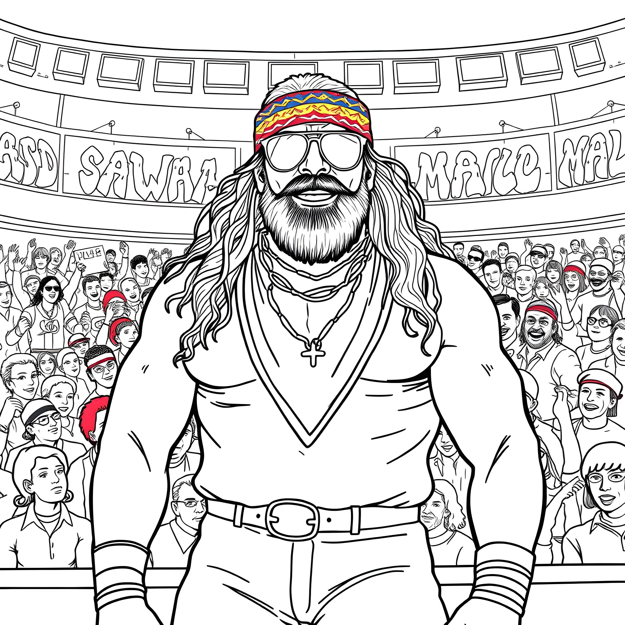 Macho Man Commanding the Crowd Coloring Page (free black-and-white line drawing printable PDF for all, from beginners to advanced learners, including children, teens, adults, and seniors)