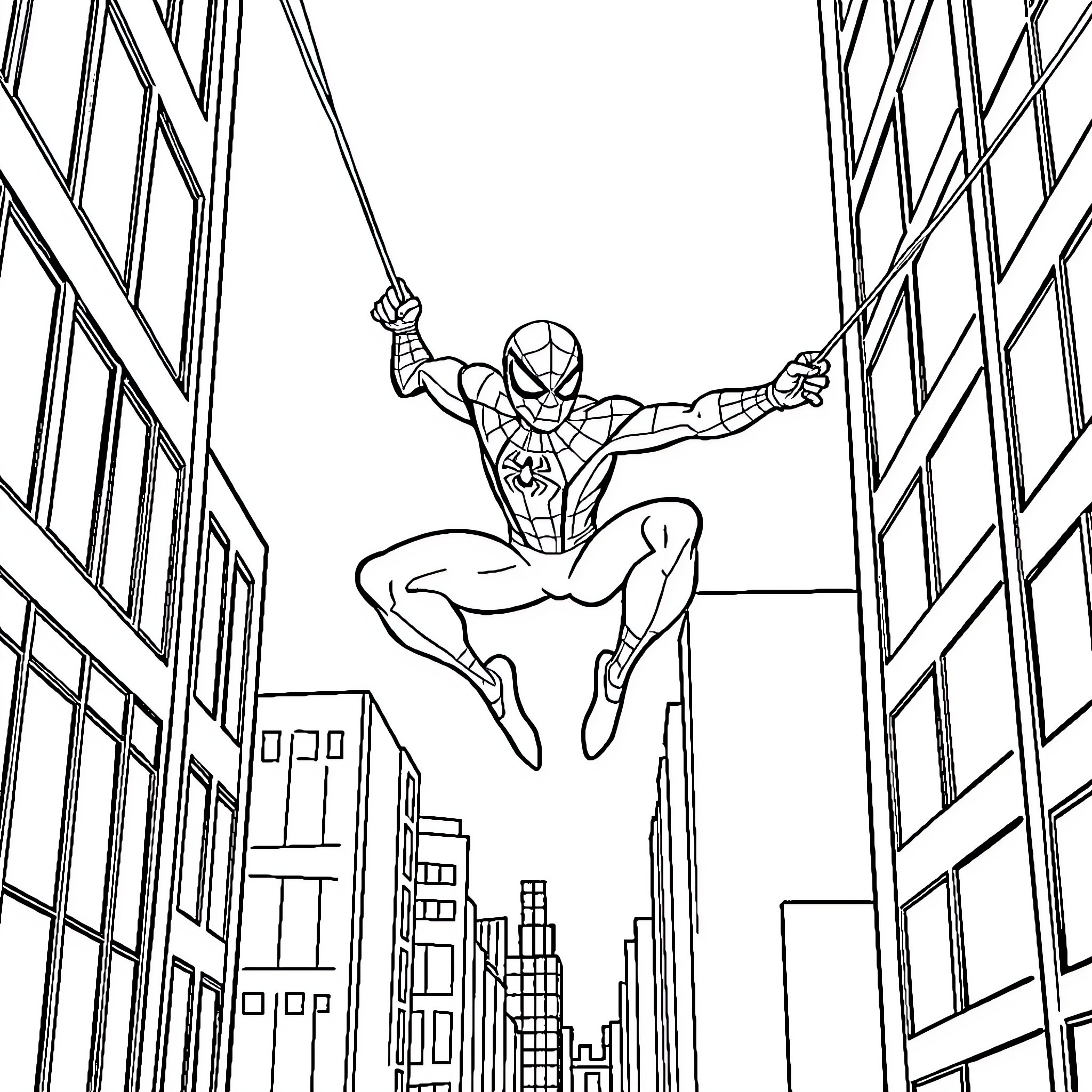 Spiderman swinging through the city skyline Coloring Page (free black-and-white line drawing printable PDF for all, from beginners to advanced learners, including children, teens, adults, and seniors)