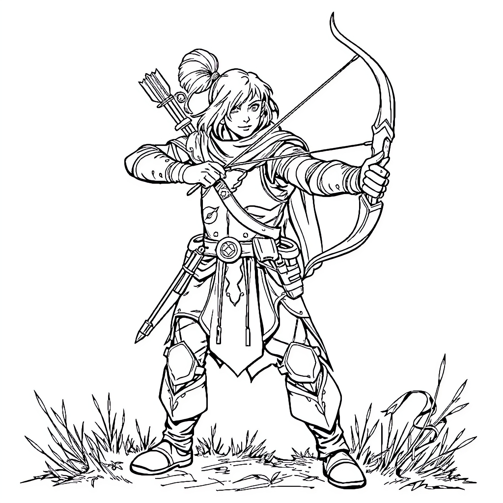 Ranger Archer Preparing for Action Coloring Page (free black-and-white line drawing printable PDF for all, from beginners to advanced learners, including children, teens, adults, and seniors)