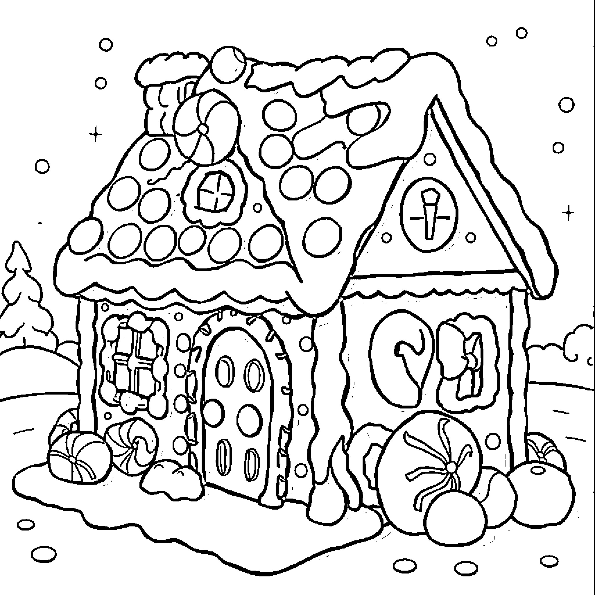Gingerbread House with Whimsical Decorations Coloring Page (free black-and-white line drawing printable PDF for all, from beginners to advanced learners, including children, teens, adults, and seniors)