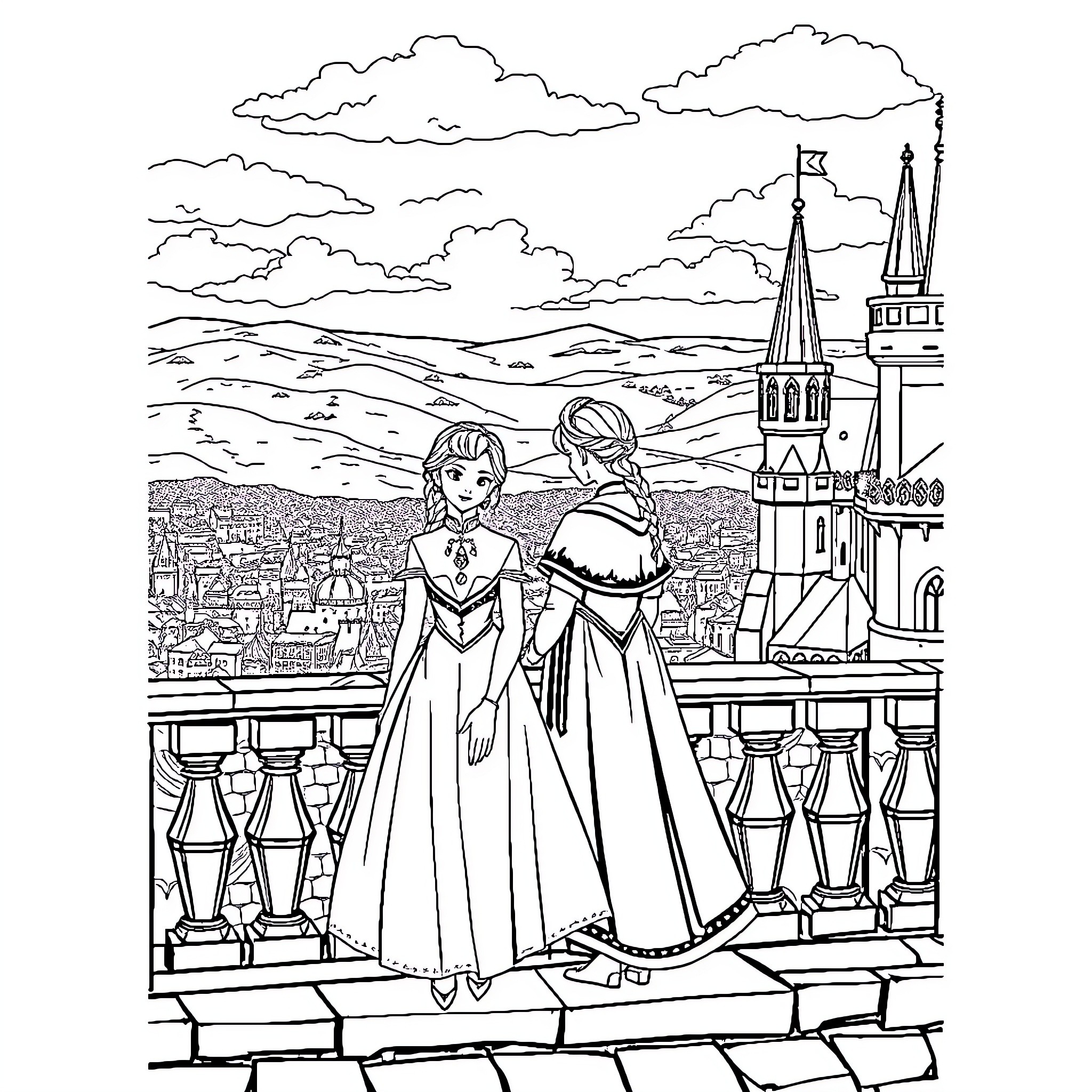 Elsa and Anna enjoying the view from castle balcony Coloring Page (free black-and-white line drawing printable PDF for all, from beginners to advanced learners, including children, teens, adults, and seniors)