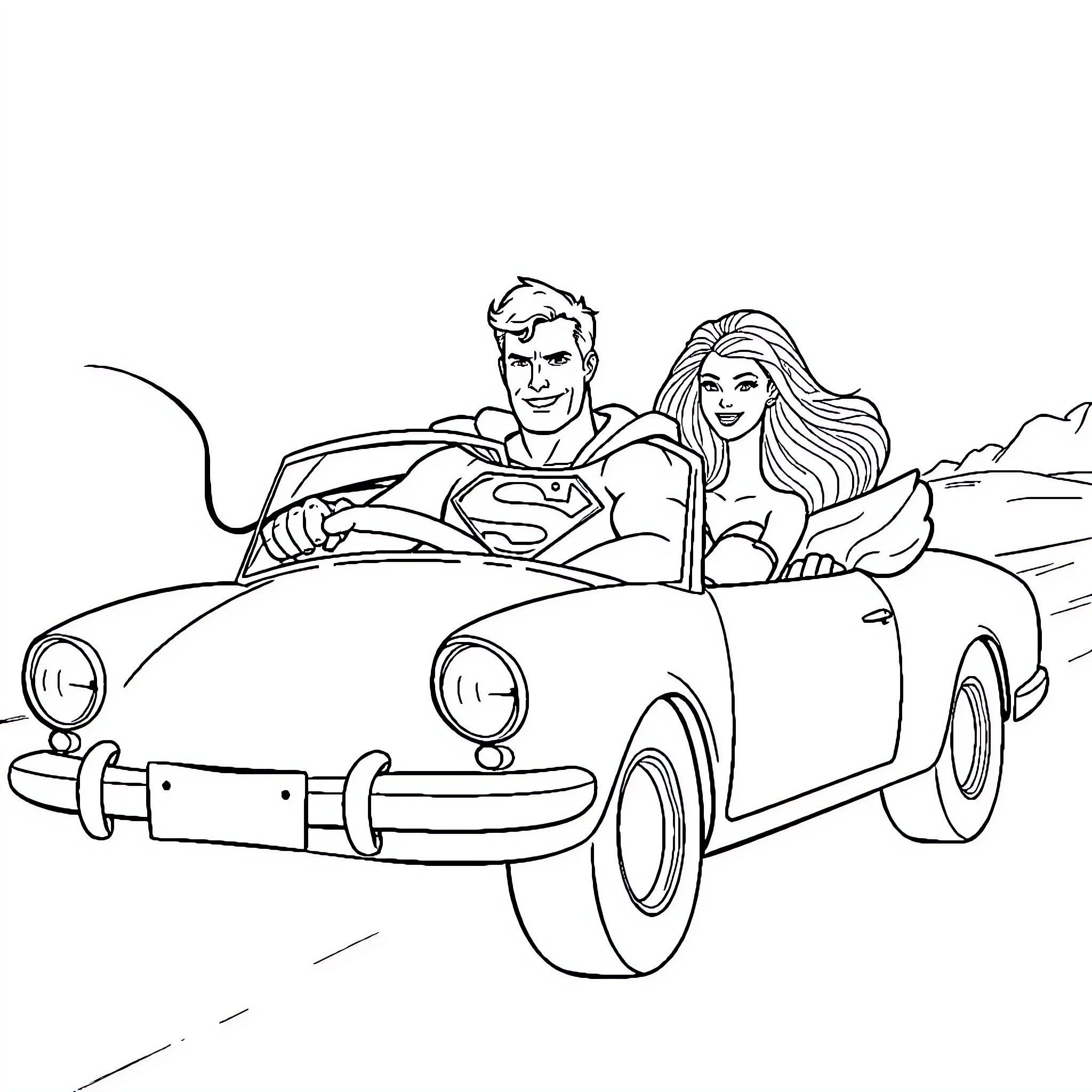 Superman and a woman enjoying a road trip in a convertible Coloring Page (free black-and-white line drawing printable PDF for all, from beginners to advanced learners, including children, teens, adults, and seniors)