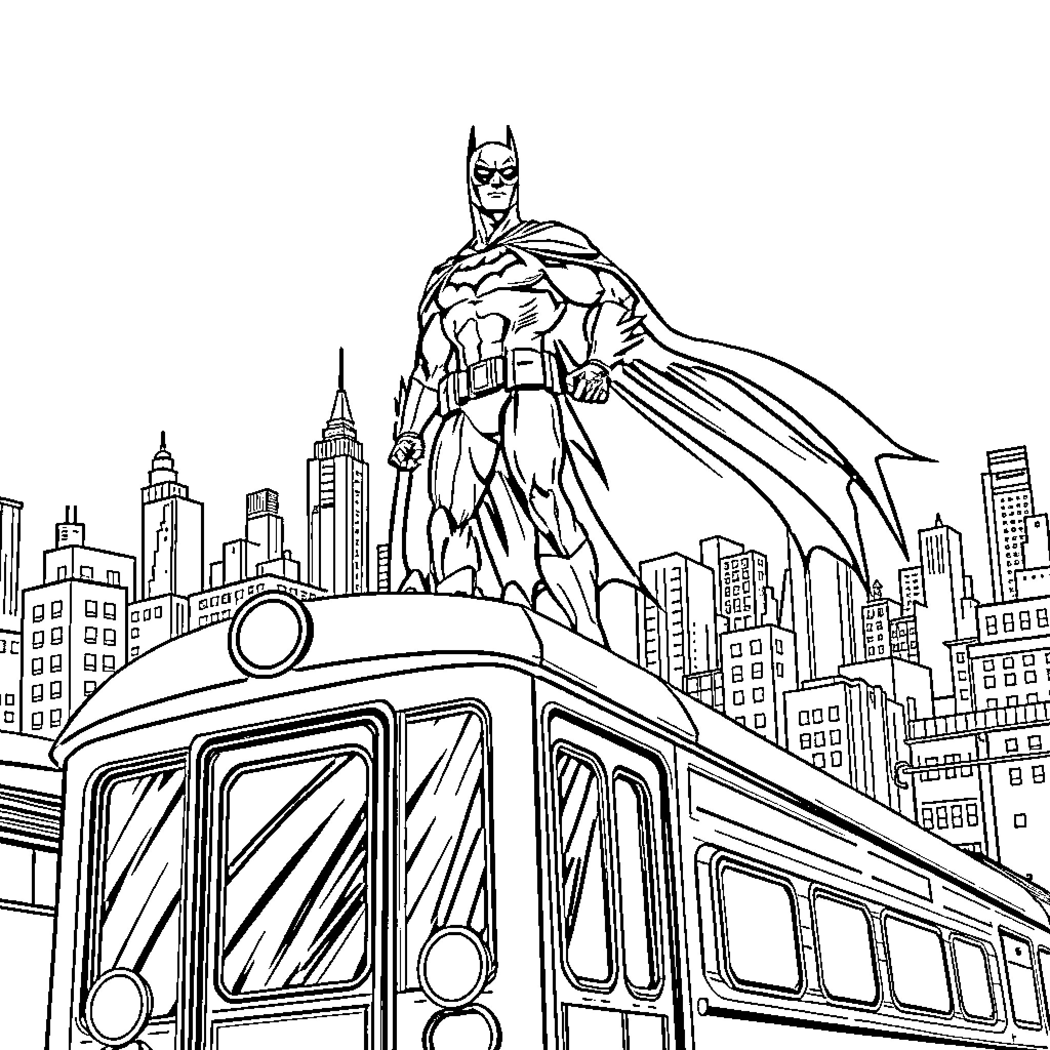 Batman protecting the city from atop a train Coloring Page (free black-and-white line drawing printable PDF for all, from beginners to advanced learners, including children, teens, adults, and seniors)
