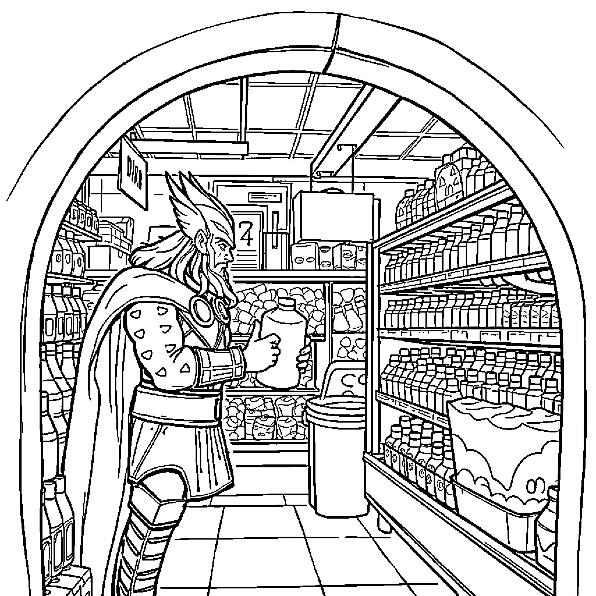 Thor Shopping at the Supermarket Coloring Page (free black-and-white line drawing printable PDF for all, from beginners to advanced learners, including children, teens, adults, and seniors)