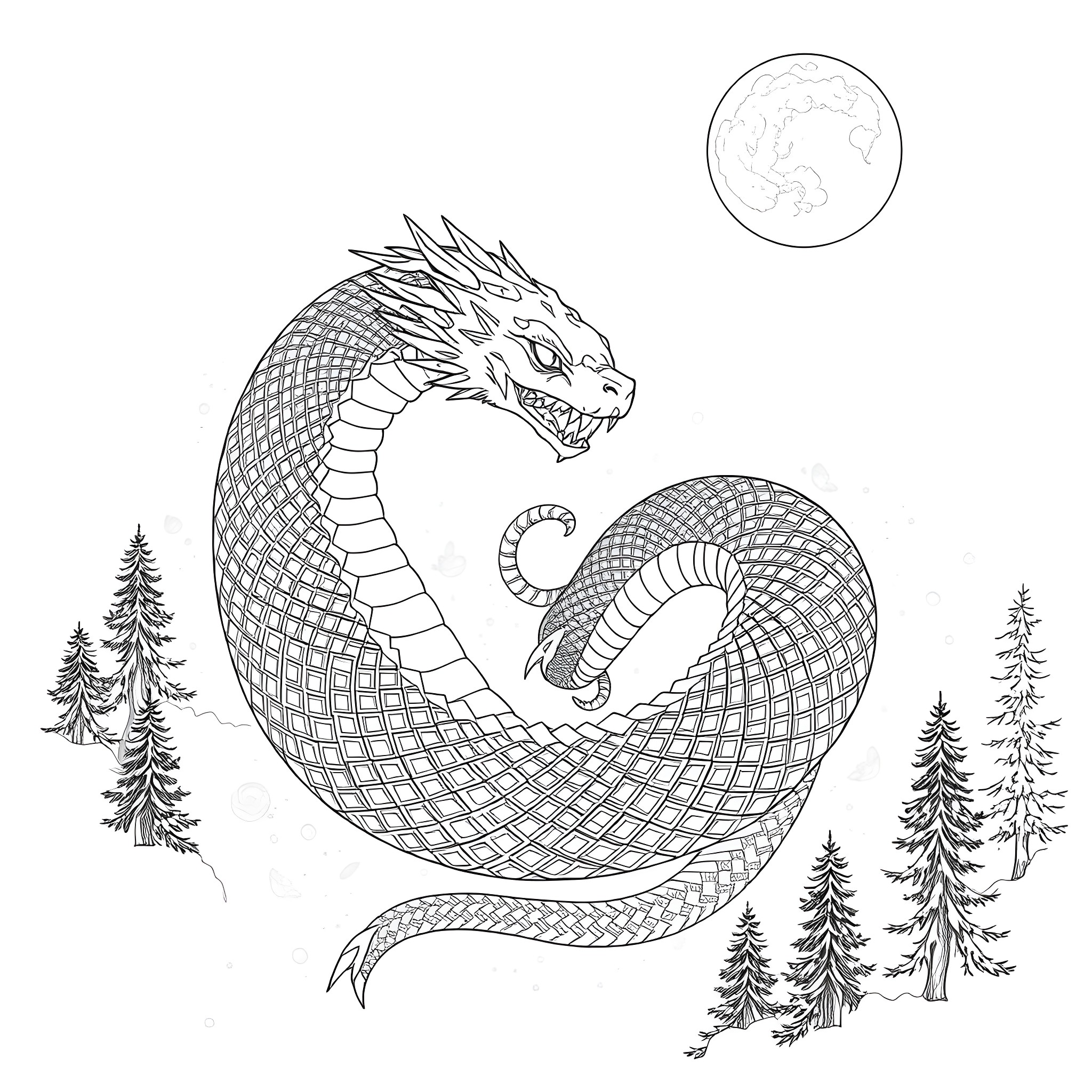 Uktena dragon guardian of the forest Coloring Page (free black-and-white line drawing printable PDF for all, from beginners to advanced learners, including children, teens, adults, and seniors)