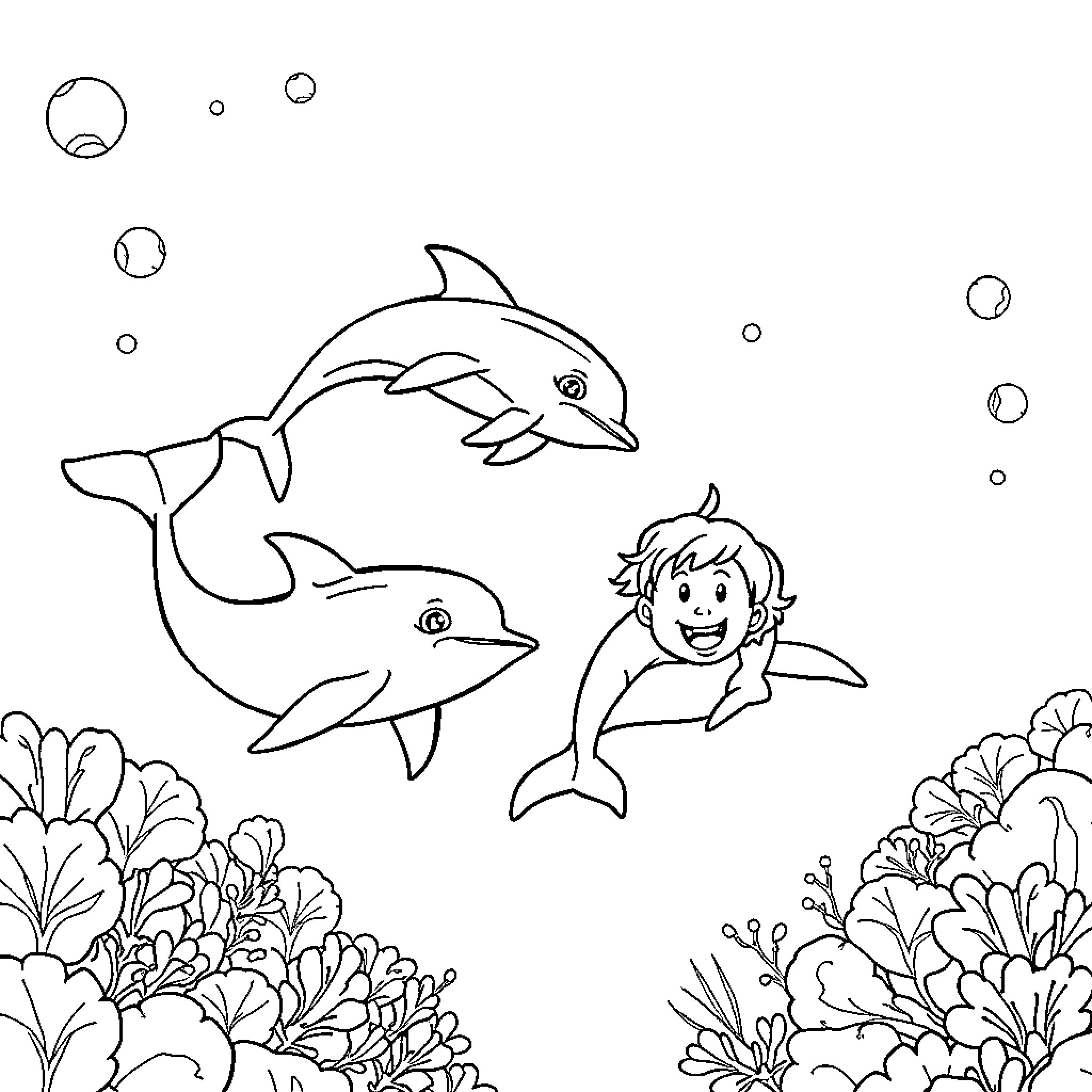 Kid exploring the underwater world with dolphins Coloring Page (free black-and-white line drawing printable PDF for all, from beginners to advanced learners, including children, teens, adults, and seniors)