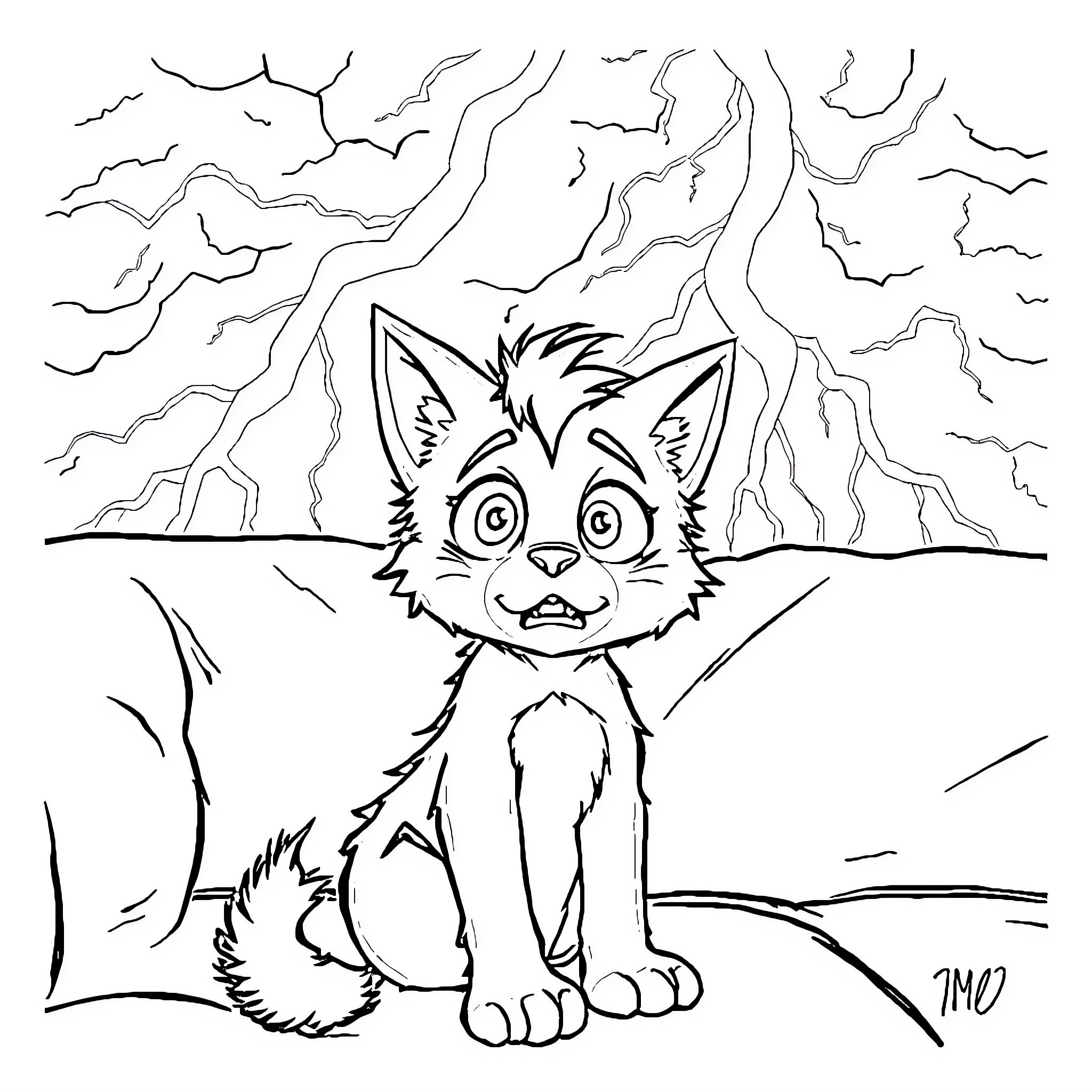 Bluey in a scary forest with lightning Coloring Page (free black-and-white line drawing printable PDF for all, from beginners to advanced learners, including children, teens, adults, and seniors)