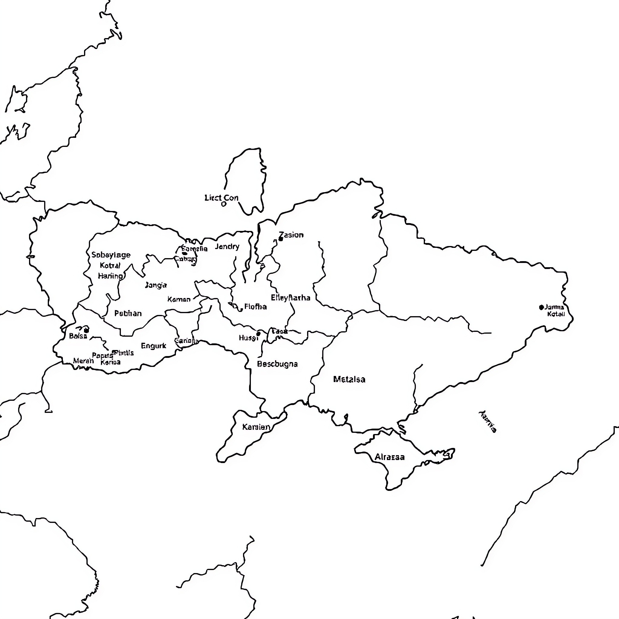 Map of administrative regions in Ukraine Coloring Page (free black-and-white line drawing printable PDF for all, from beginners to advanced learners, including children, teens, adults, and seniors)