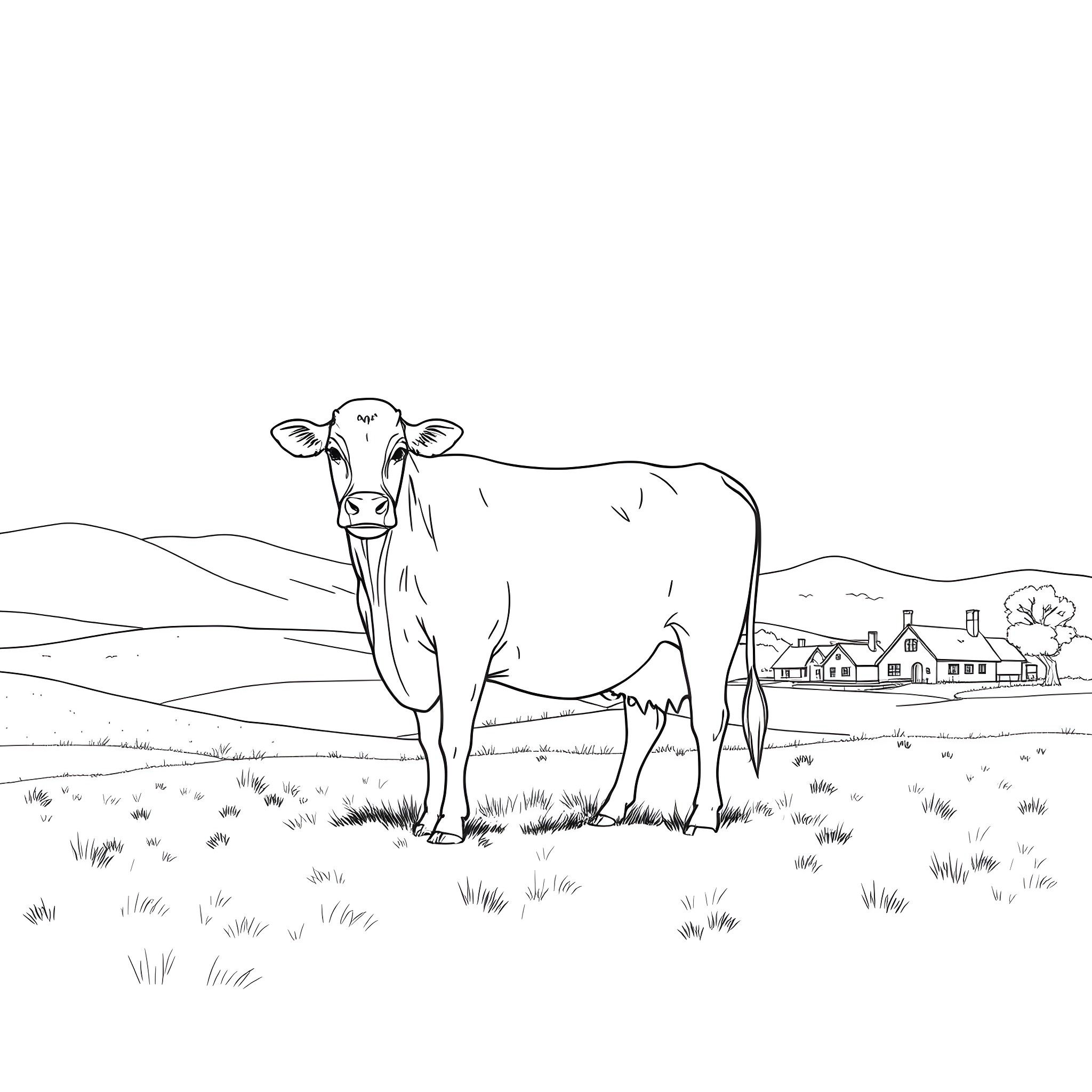 Cow standing calmly in a rural countryside Coloring Page (free black-and-white line drawing printable PDF for all, from beginners to advanced learners, including children, teens, adults, and seniors)