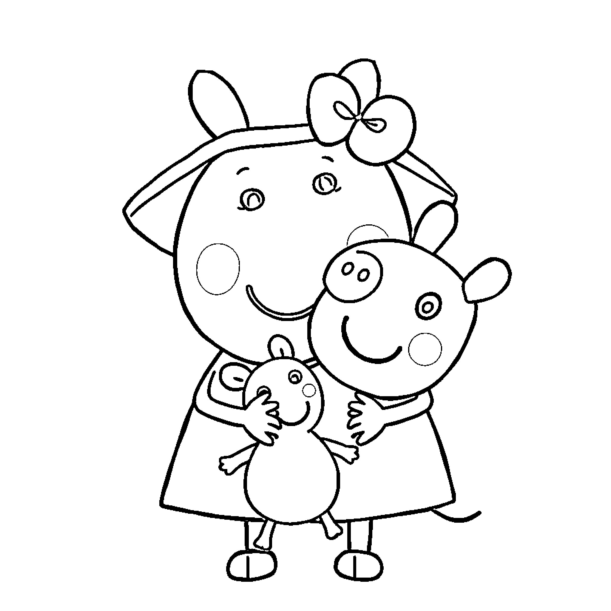 Peppa Pig family having a fun moment together Coloring Page (free black-and-white line drawing printable PDF for all, from beginners to advanced learners, including children, teens, adults, and seniors)
