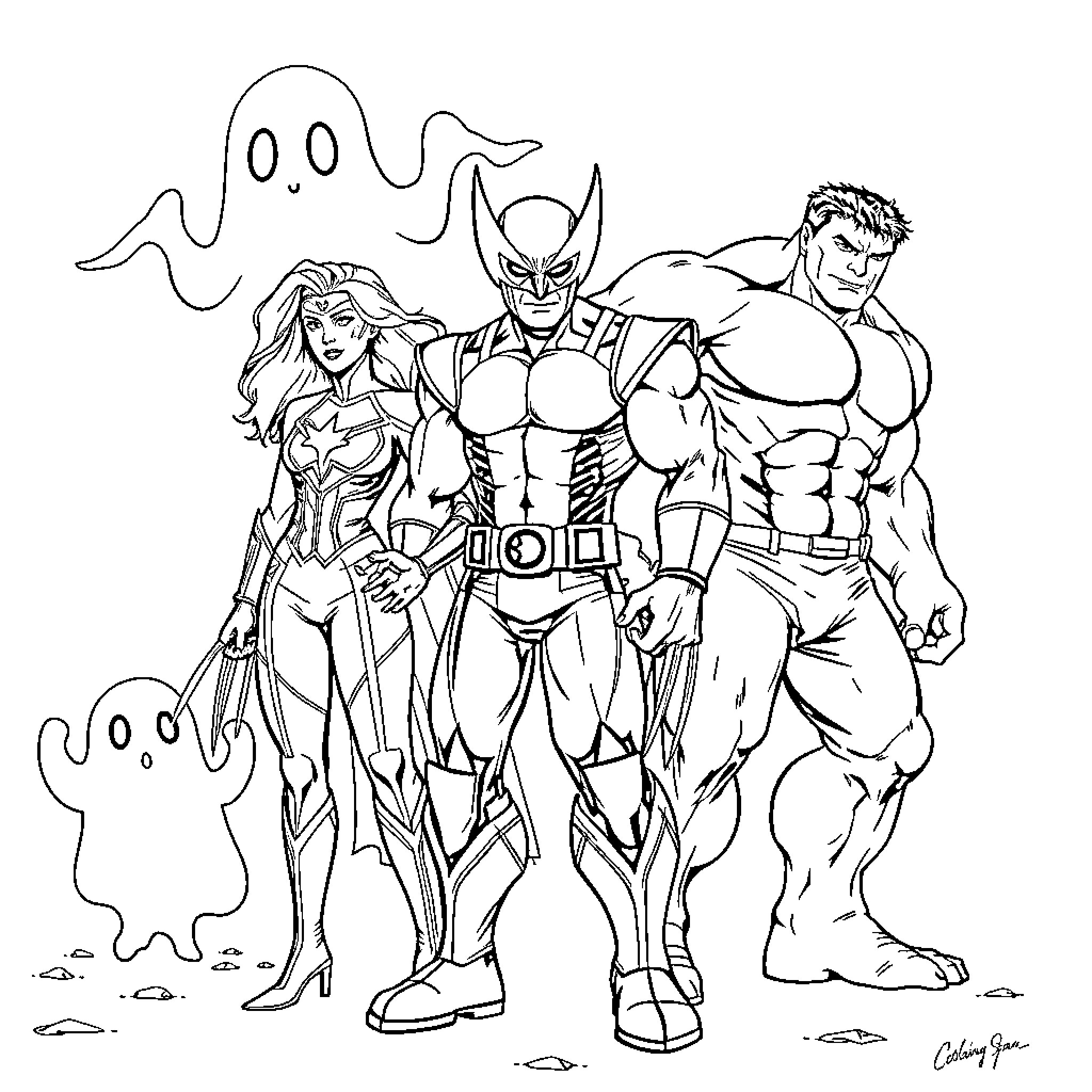 Ghost Heroes in Action: Superheroes Posing Heroically Coloring Page (free black-and-white line drawing printable PDF for all, from beginners to advanced learners, including children, teens, adults, and seniors)
