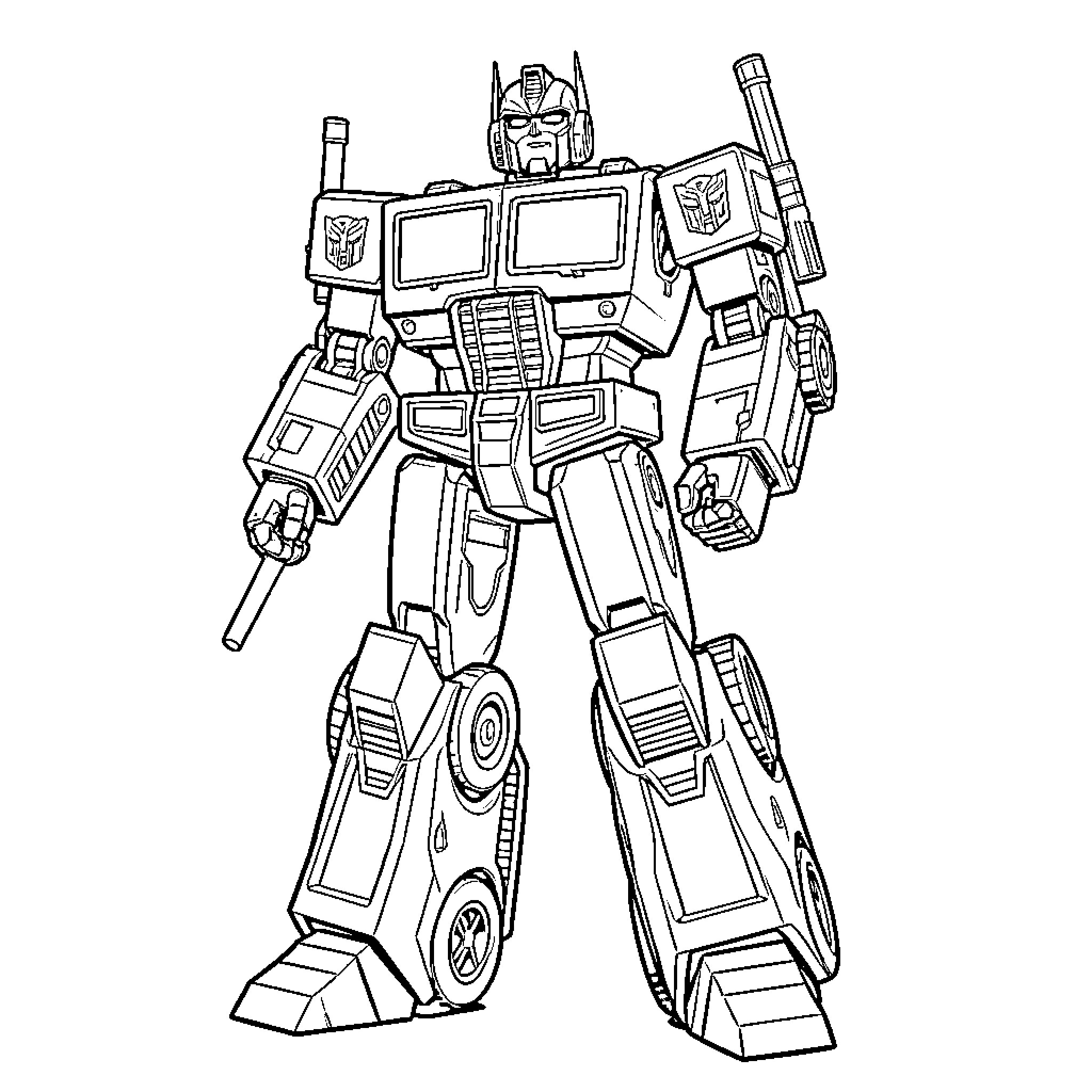 Optimus Prime standing in a heroic pose Coloring Page (free black-and-white line drawing printable PDF for all, from beginners to advanced learners, including children, teens, adults, and seniors)