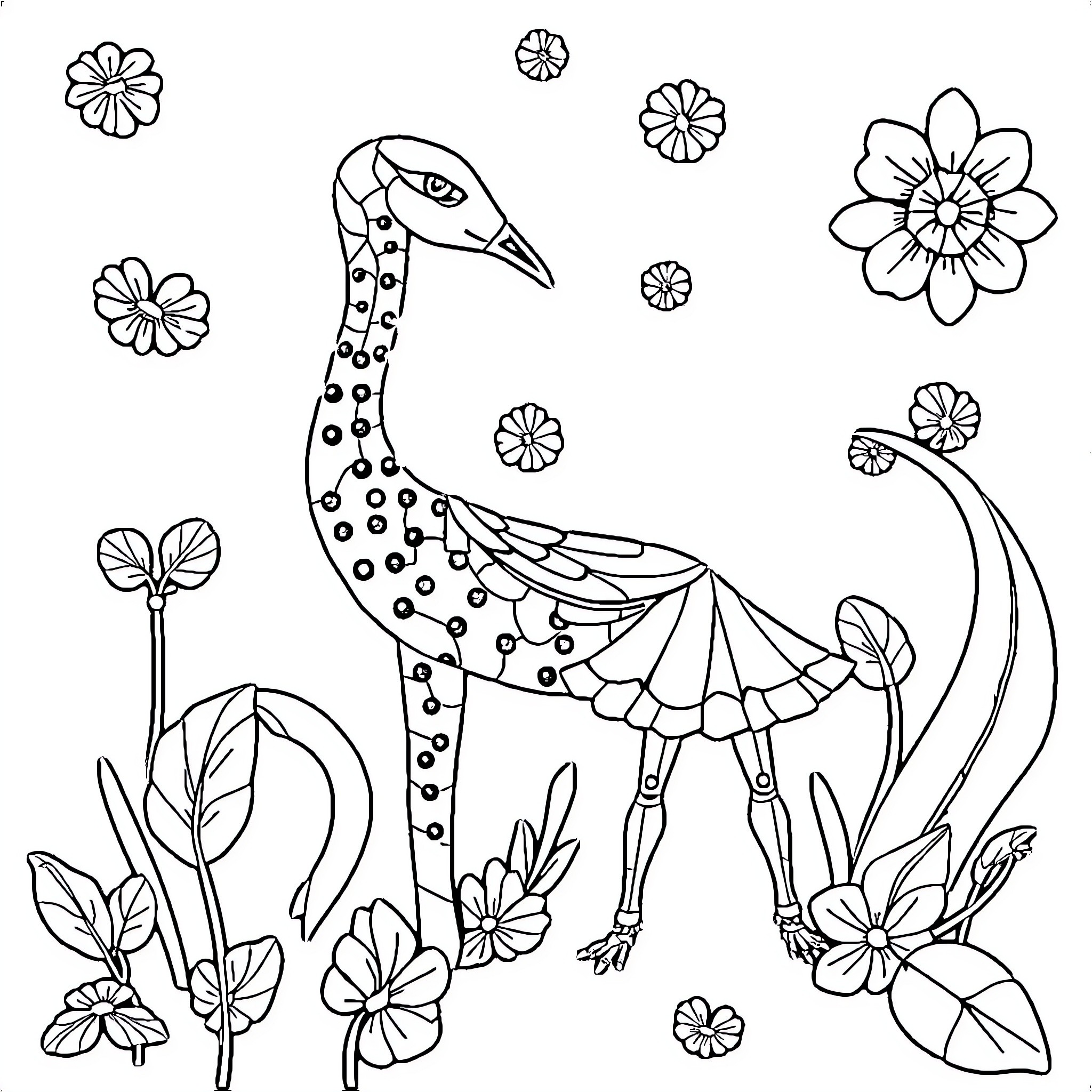 Figure with Whimsical Bird and Floral Motifs Coloring Page (free black-and-white line drawing printable PDF for all, from beginners to advanced learners, including children, teens, adults, and seniors)