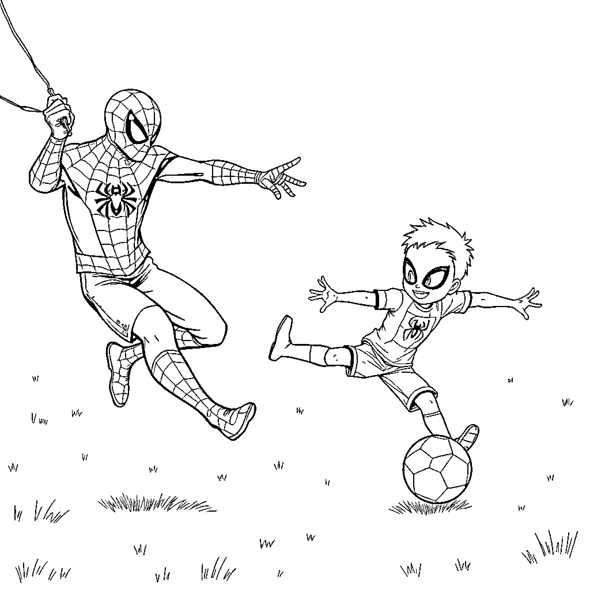 Chase of Superheroes and Footballers in Action Coloring Page (free black-and-white line drawing printable PDF for all, from beginners to advanced learners, including children, teens, adults, and seniors)