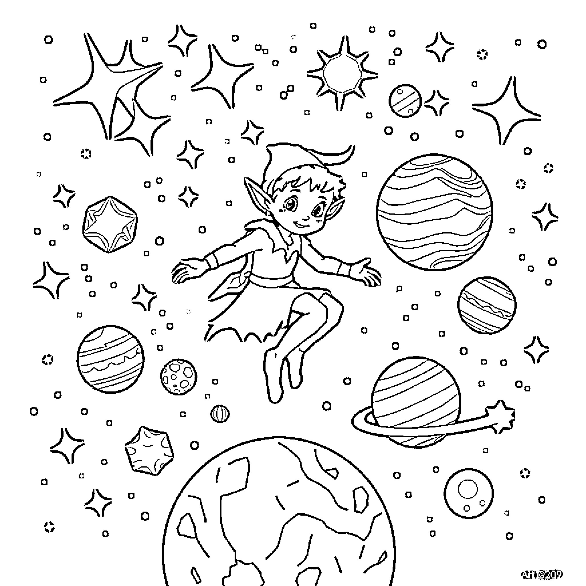 Elf dancing among stars and planets Coloring Page (free black-and-white line drawing printable PDF for all, from beginners to advanced learners, including children, teens, adults, and seniors)