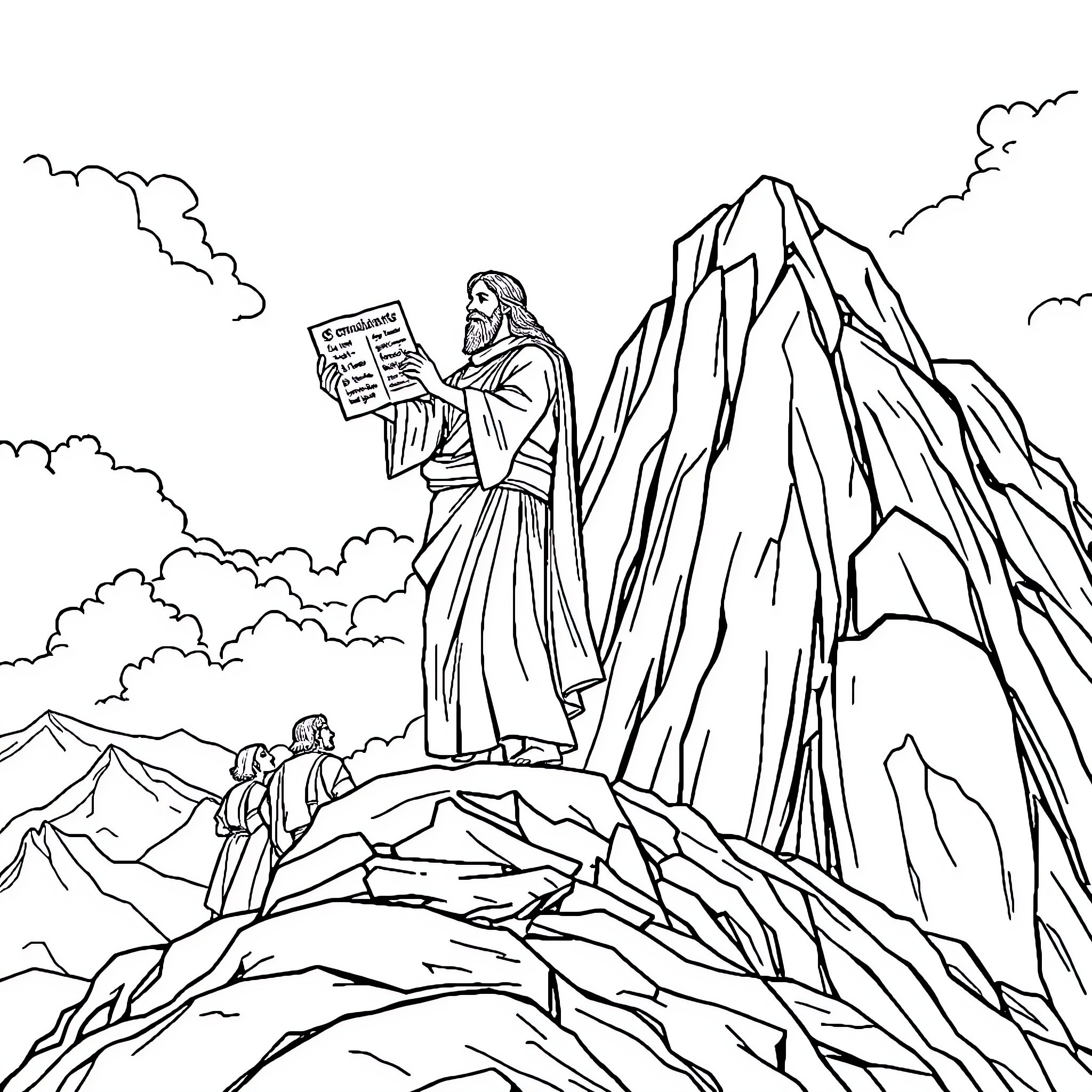 Moses Receiving the Ten Commandments on the Mountain Coloring Page (free black-and-white line drawing printable PDF for all, from beginners to advanced learners, including children, teens, adults, and seniors)