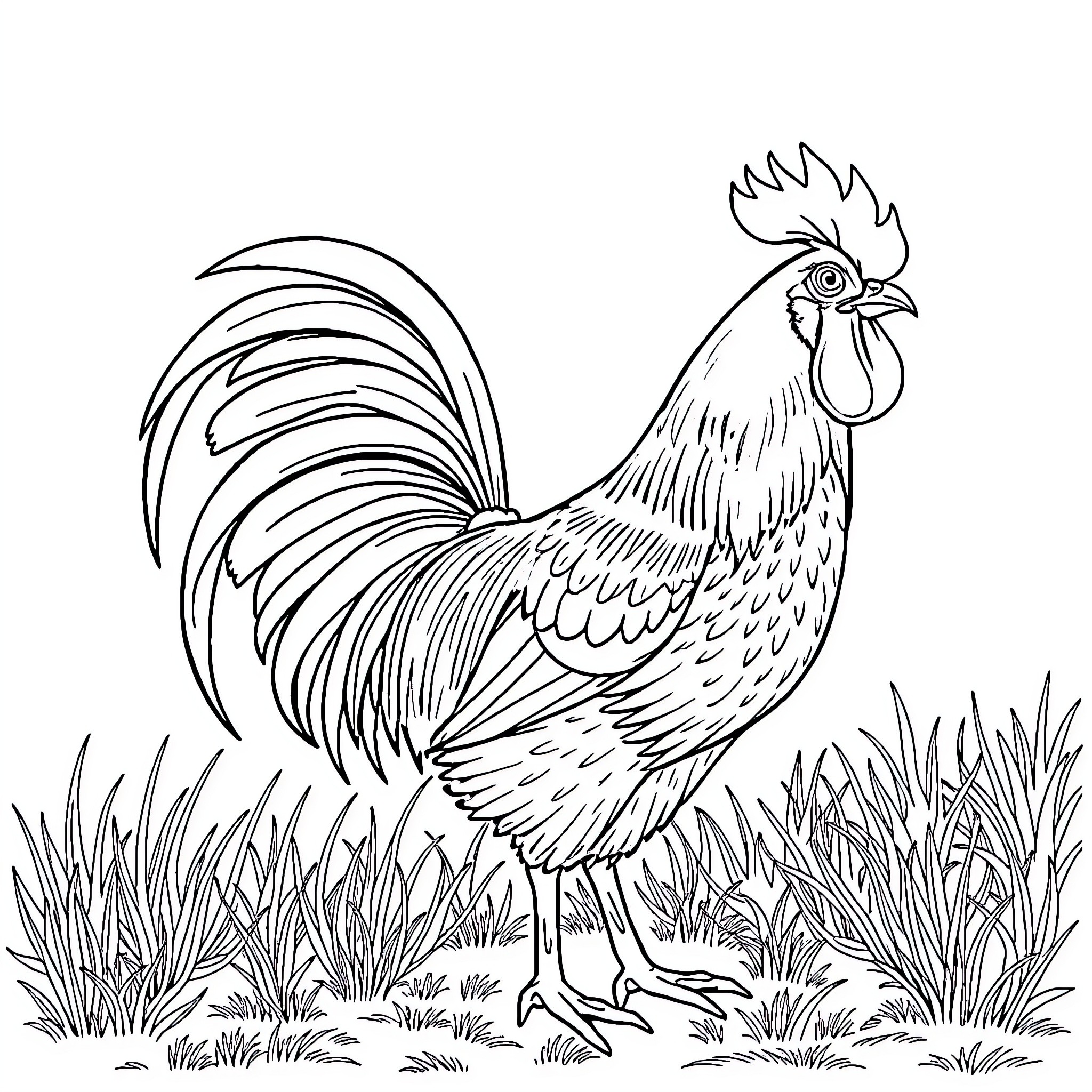 Rooster standing amidst tall grass Coloring Page (free black-and-white line drawing printable PDF for all, from beginners to advanced learners, including children, teens, adults, and seniors)