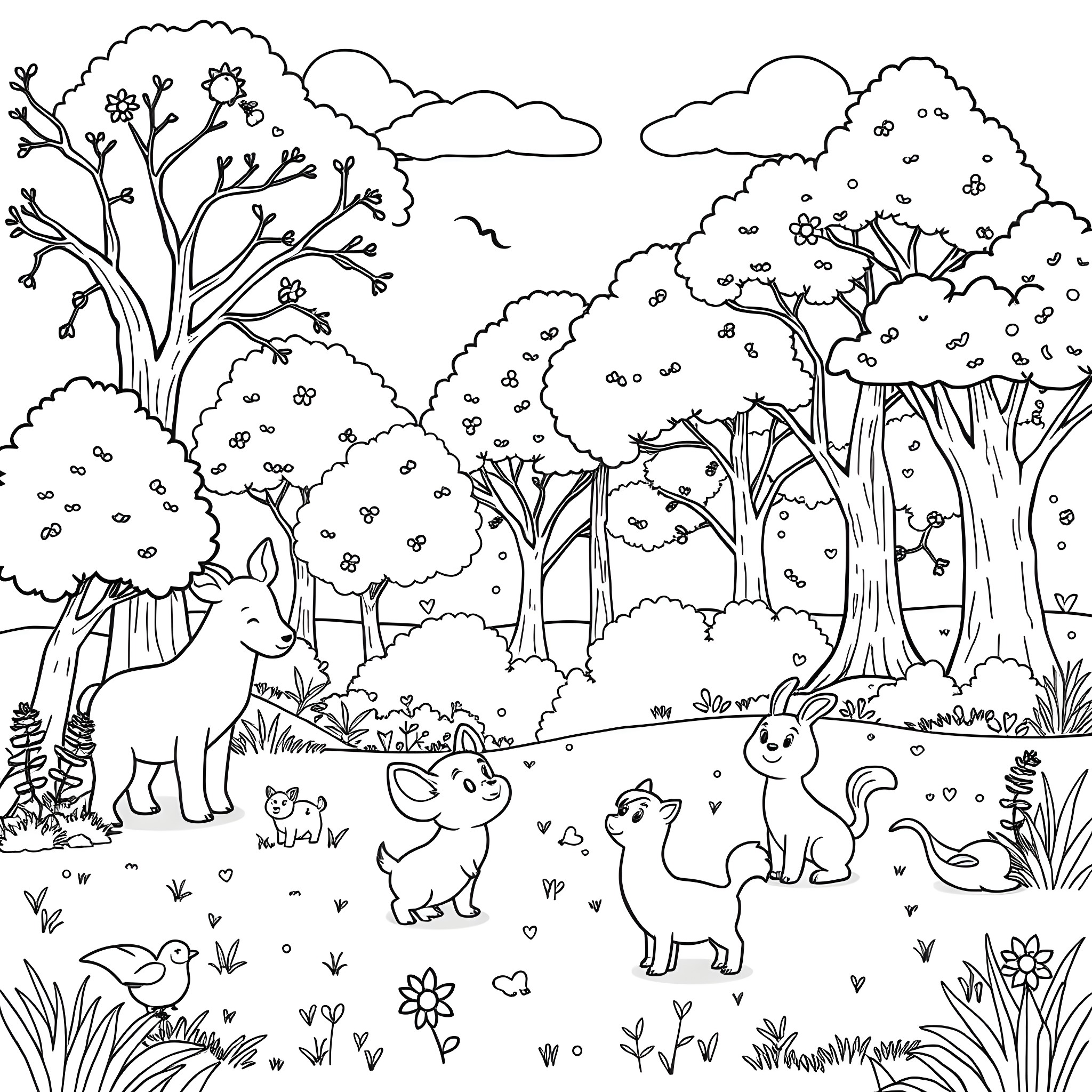 Teenie Ping's Whimsical Forest Adventure Coloring Page (free black-and-white line drawing printable PDF for all, from beginners to advanced learners, including children, teens, adults, and seniors)