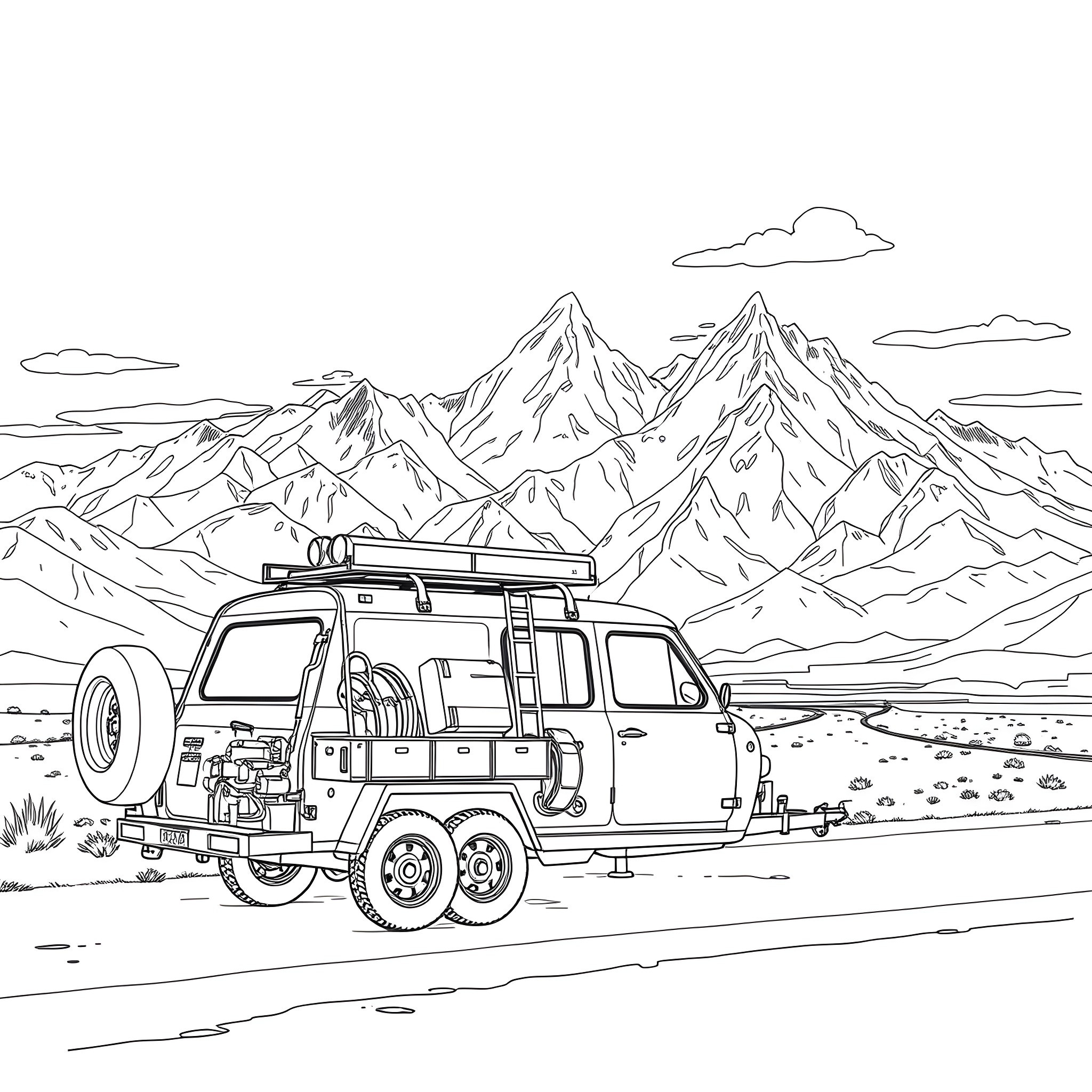 Car Trailer on the mountain road Coloring Page (free black-and-white line drawing printable PDF for all, from beginners to advanced learners, including children, teens, adults, and seniors)