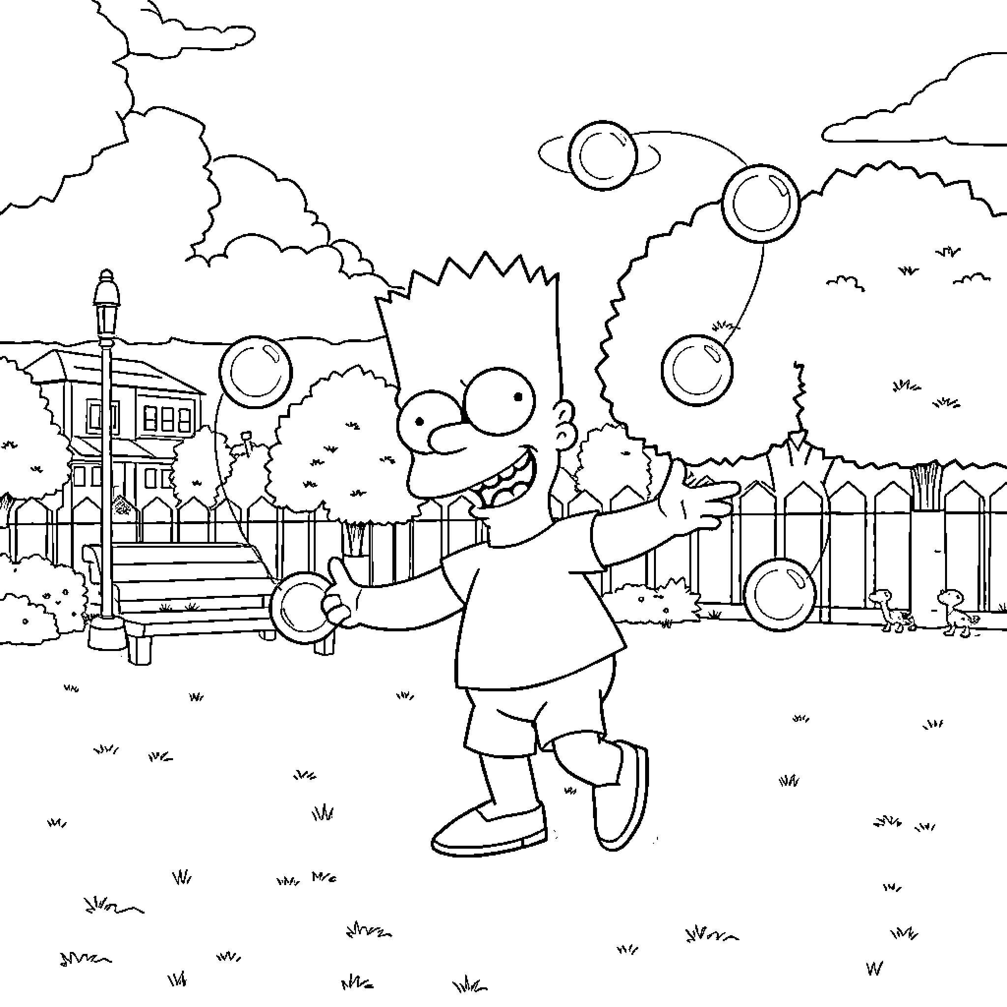 Bart Simpson blowing bubbles in a playful neighborhood scene Coloring Page (free black-and-white line drawing printable PDF for all, from beginners to advanced learners, including children, teens, adults, and seniors)