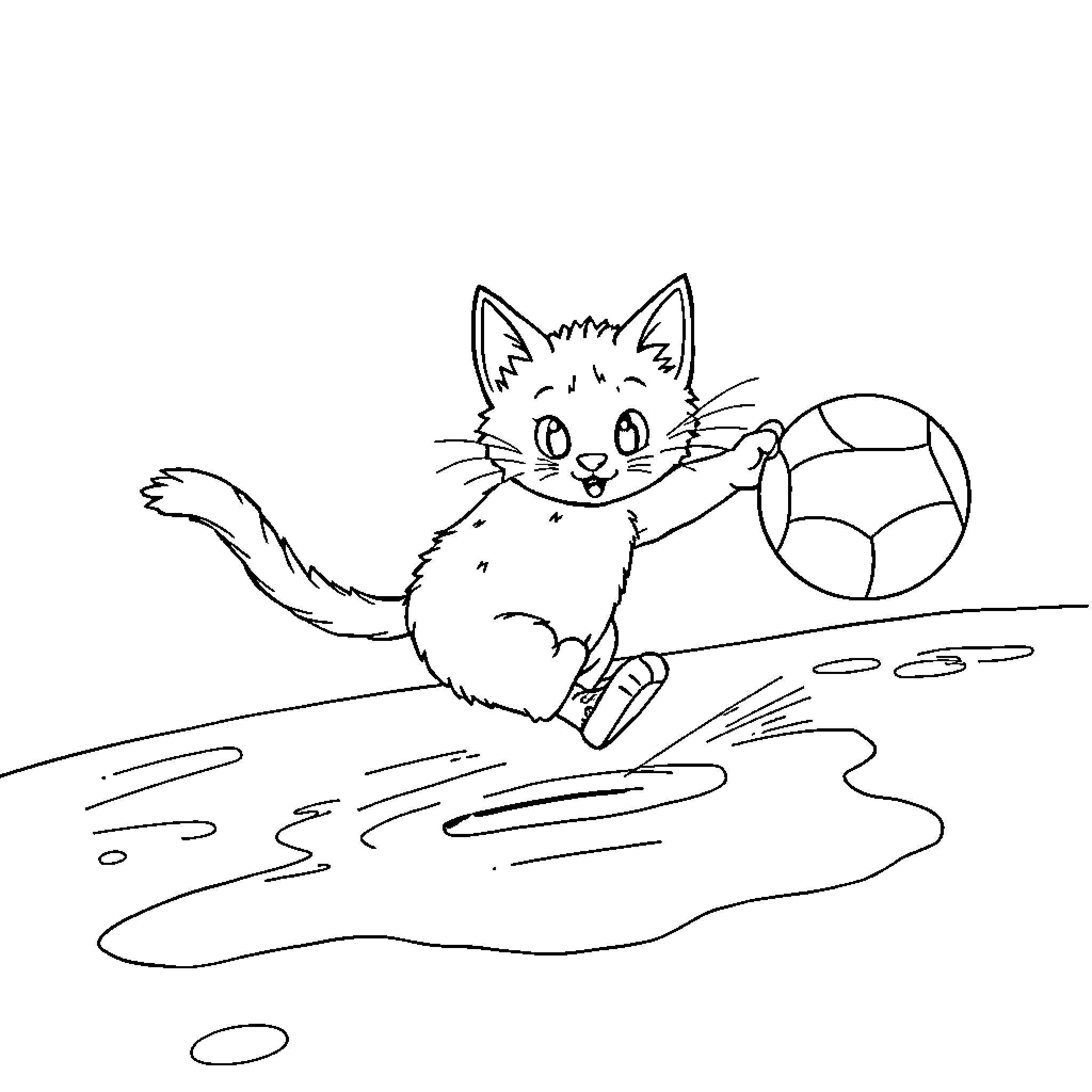 Gato playing with ball on water Coloring Page (free black-and-white line drawing printable PDF for all, from beginners to advanced learners, including children, teens, adults, and seniors)