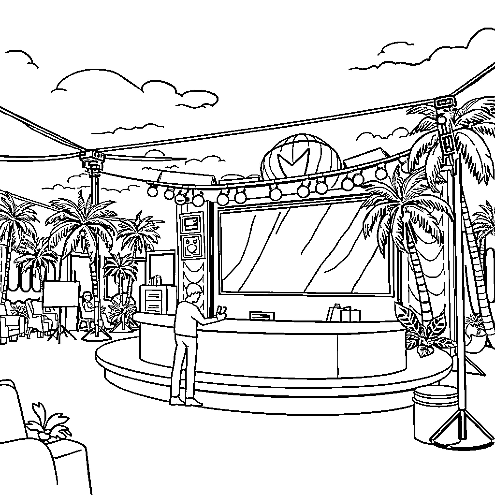 Produtora at the Tropical Media Production Set Coloring Page (free black-and-white line drawing printable PDF for all, from beginners to advanced learners, including children, teens, adults, and seniors)