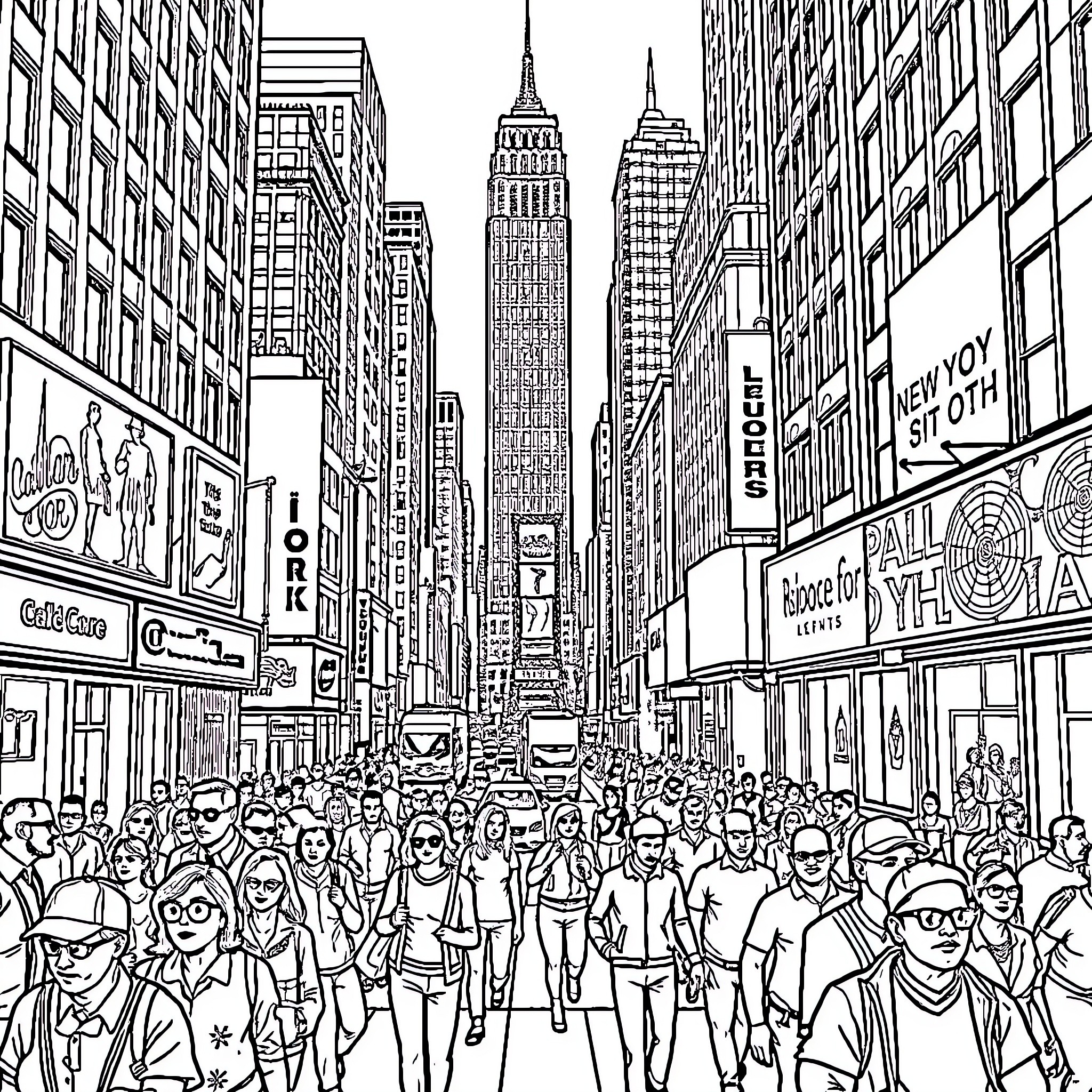 New York City Street Scene with Bustling Crowds Coloring Page (free black-and-white line drawing printable PDF for all, from beginners to advanced learners, including children, teens, adults, and seniors)