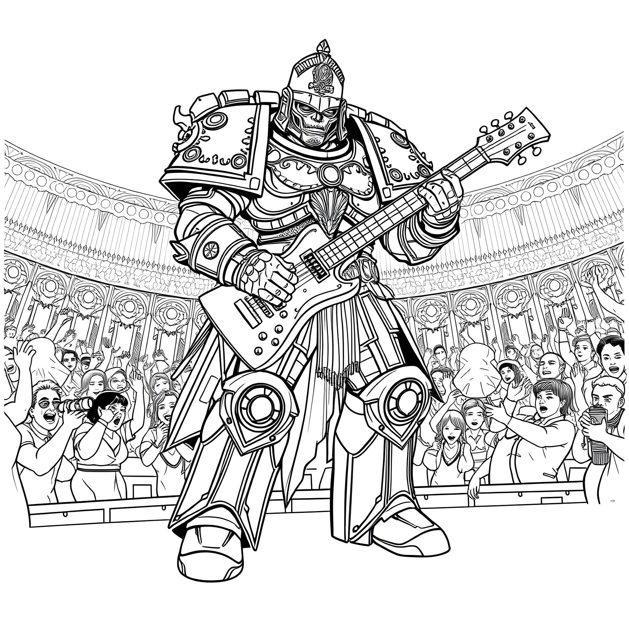 Warhammer Warrior Rocking Out on Stage Coloring Page (free black-and-white line drawing printable PDF for all, from beginners to advanced learners, including children, teens, adults, and seniors)