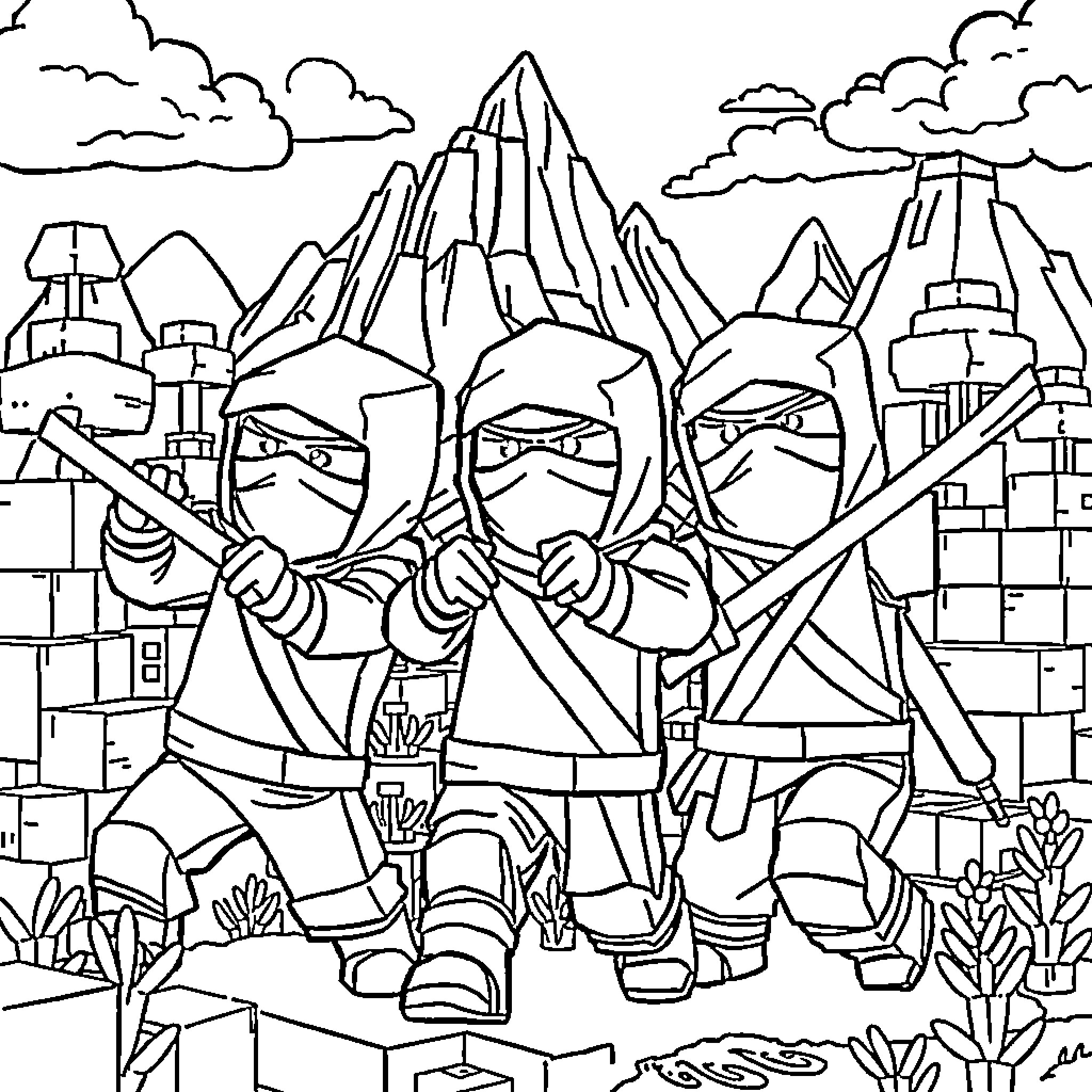 Ninja warriors guarding the enchanted mountain fortress Coloring Page (free black-and-white line drawing printable PDF for all, from beginners to advanced learners, including children, teens, adults, and seniors)
