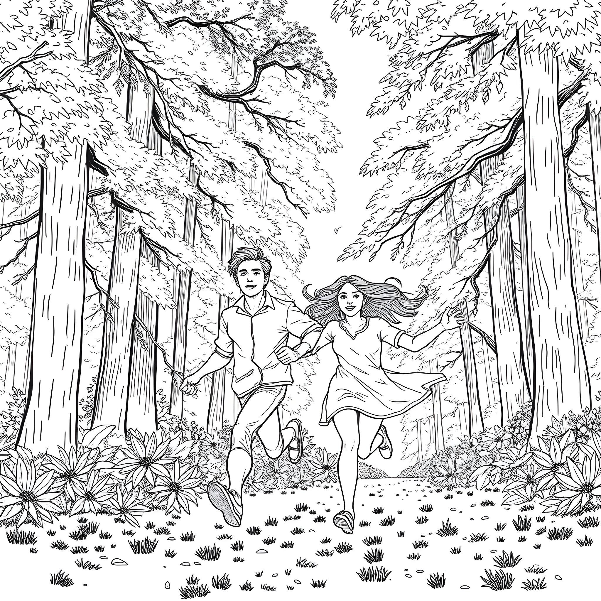 Edward and Bella running through the forest Coloring Page (free black-and-white line drawing printable PDF for all, from beginners to advanced learners, including children, teens, adults, and seniors)
