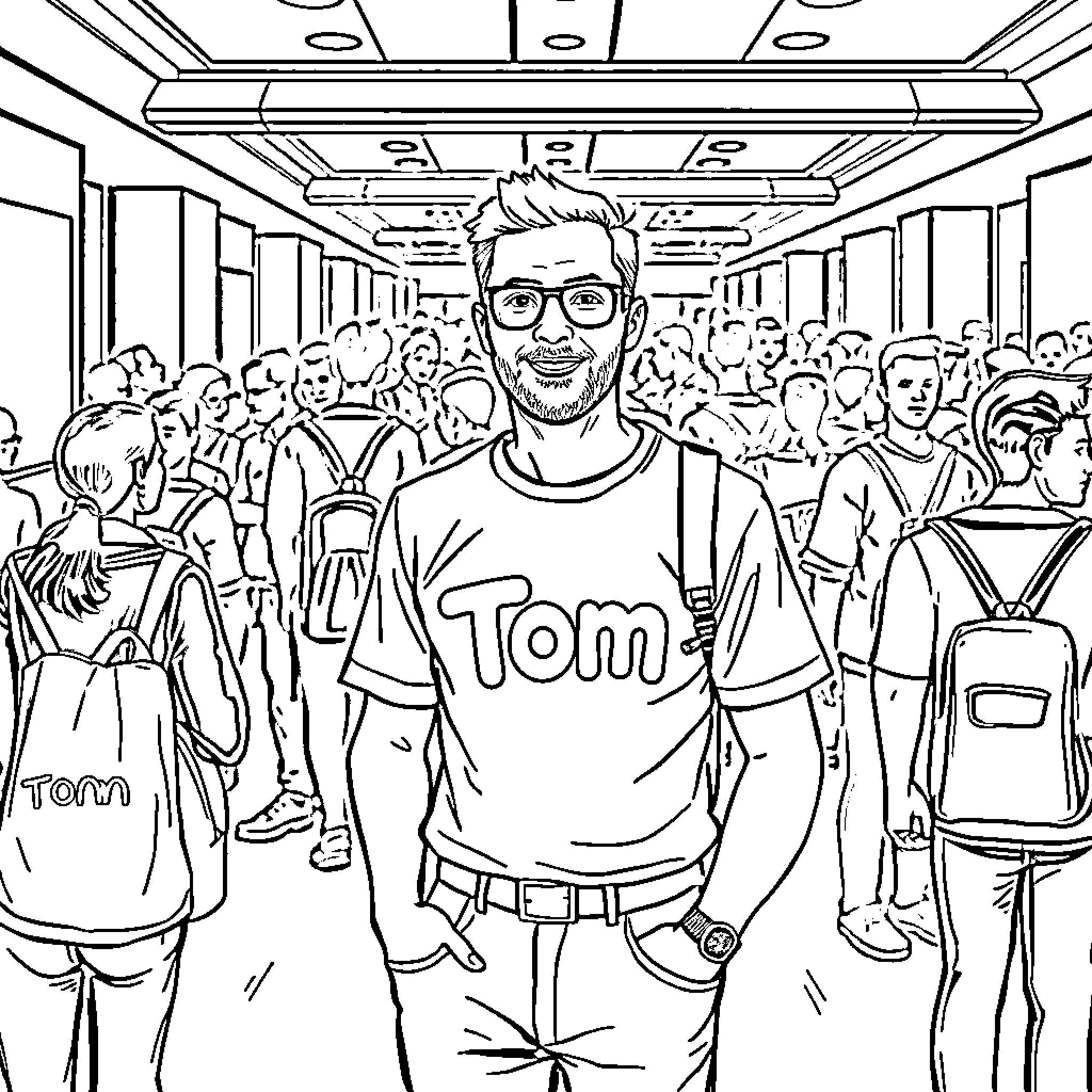 Tom's Lively Crowd Adventure Coloring Page (free black-and-white line drawing printable PDF for all, from beginners to advanced learners, including children, teens, adults, and seniors)