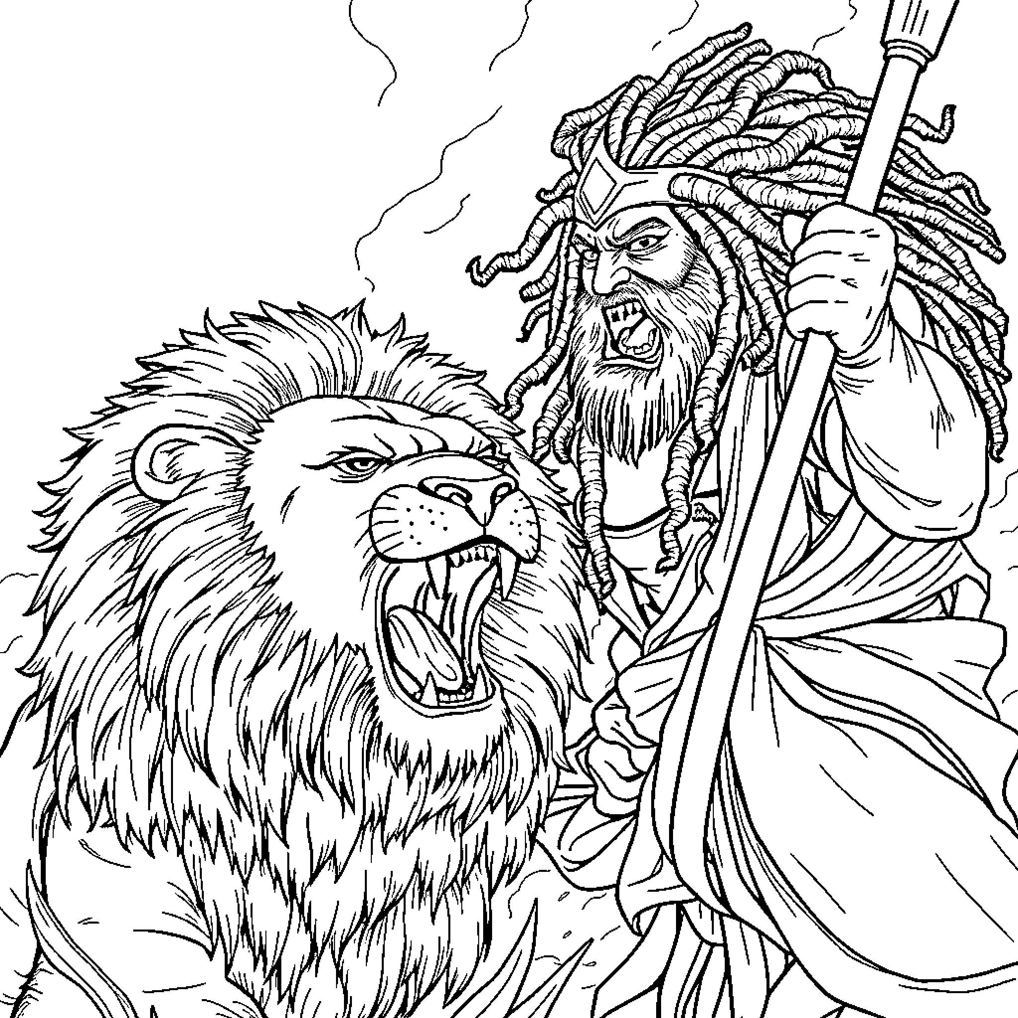 Samson and the Mighty Lion Coloring Page (free black-and-white line drawing printable PDF for all, from beginners to advanced learners, including children, teens, adults, and seniors)