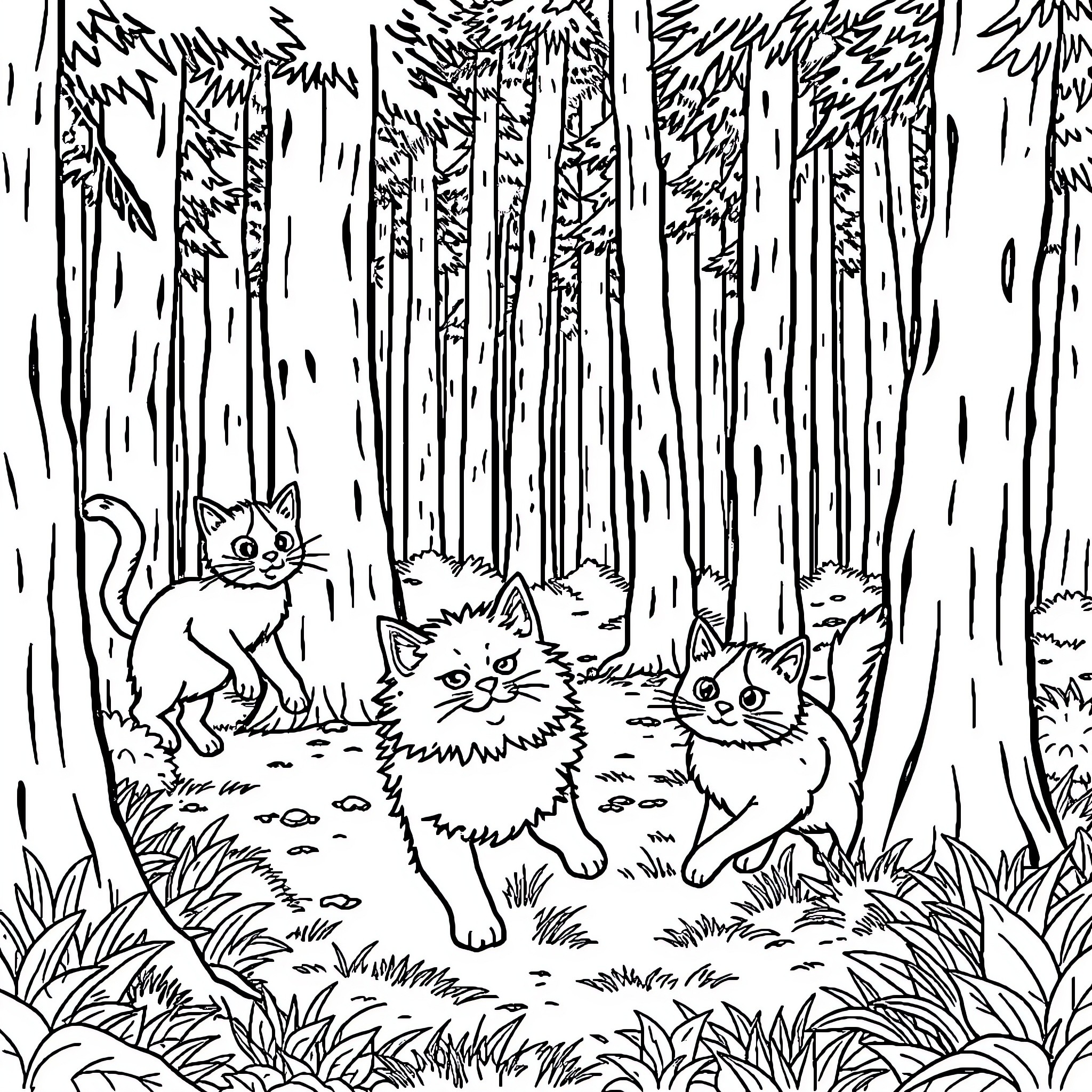 Cat Kittens Exploring in Enchanted Forest Coloring Page (free black-and-white line drawing printable PDF for all, from beginners to advanced learners, including children, teens, adults, and seniors)
