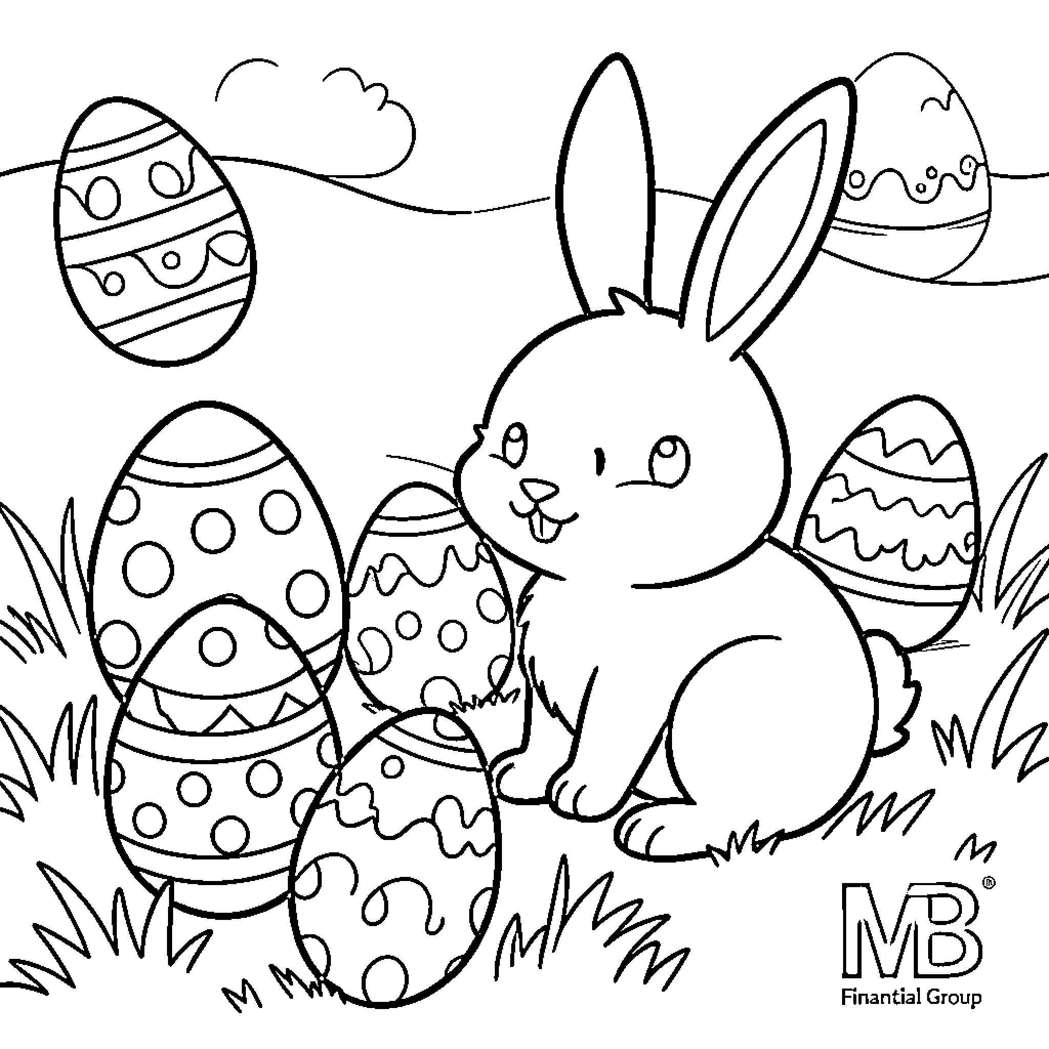 Easter bunny and decorated eggs in the meadow Coloring Page (free black-and-white line drawing printable PDF for all, from beginners to advanced learners, including children, teens, adults, and seniors)