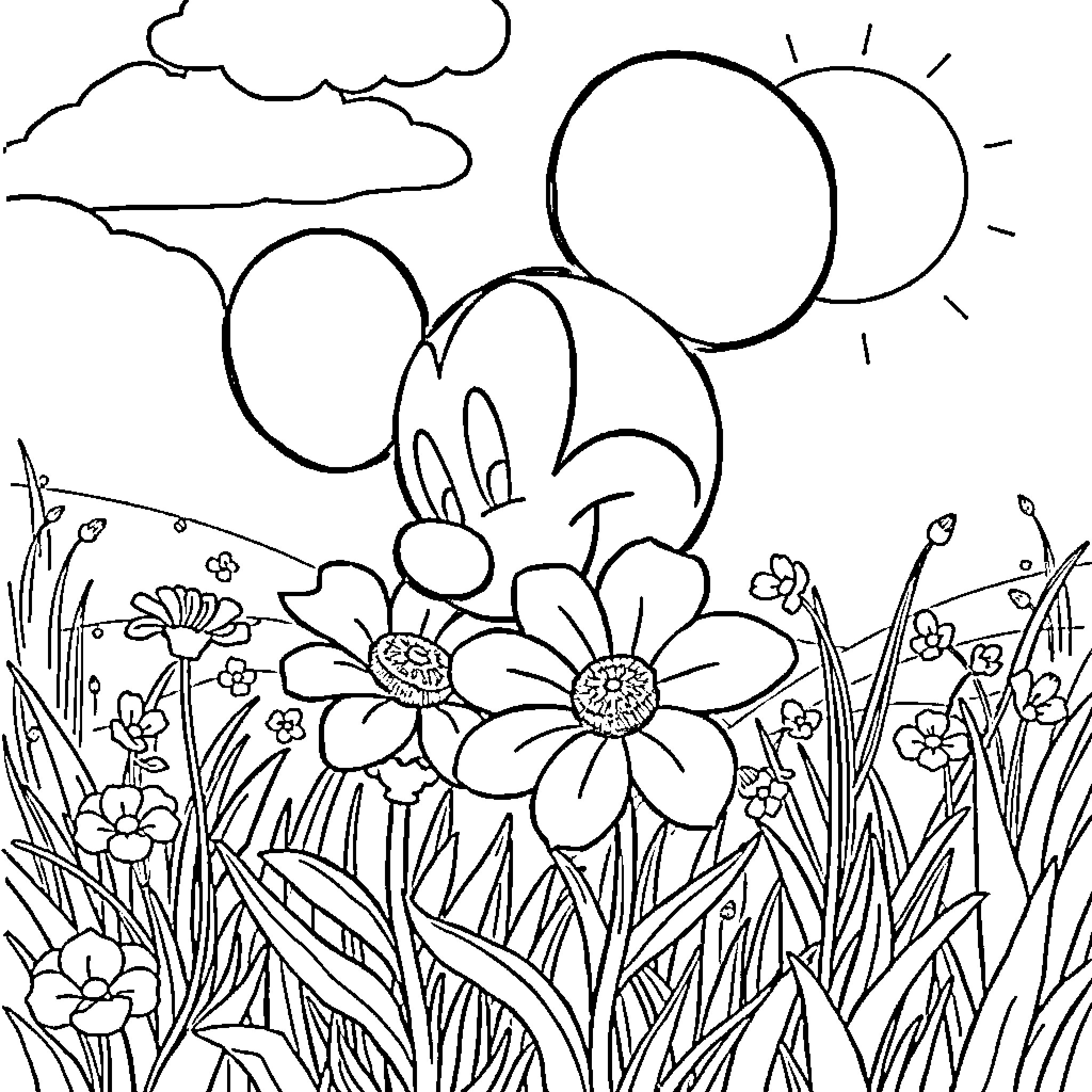 Mickey enjoys a sunny day with flowers Coloring Page (free black-and-white line drawing printable PDF for all, from beginners to advanced learners, including children, teens, adults, and seniors)