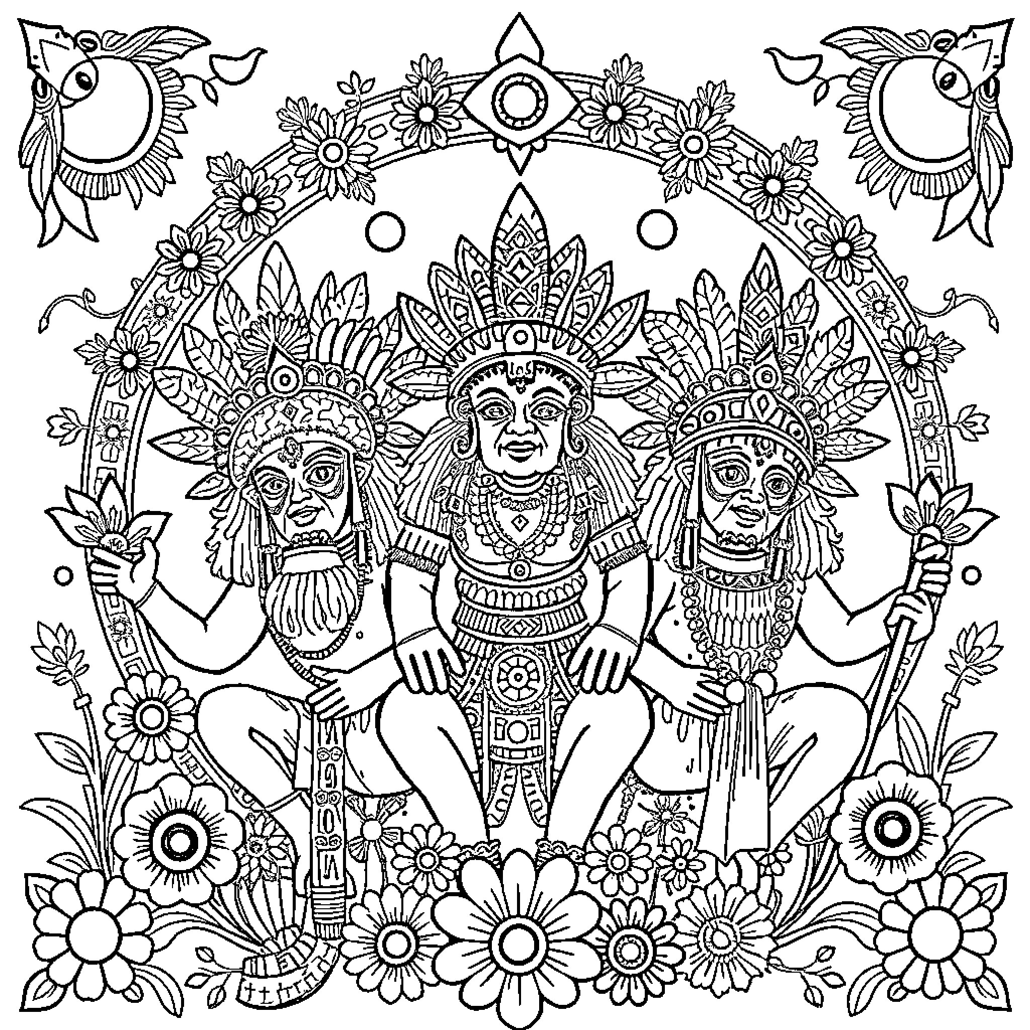 Mexican God with tribal warriors surrounded by floral elements Coloring Page (free black-and-white line drawing printable PDF for all, from beginners to advanced learners, including children, teens, adults, and seniors)