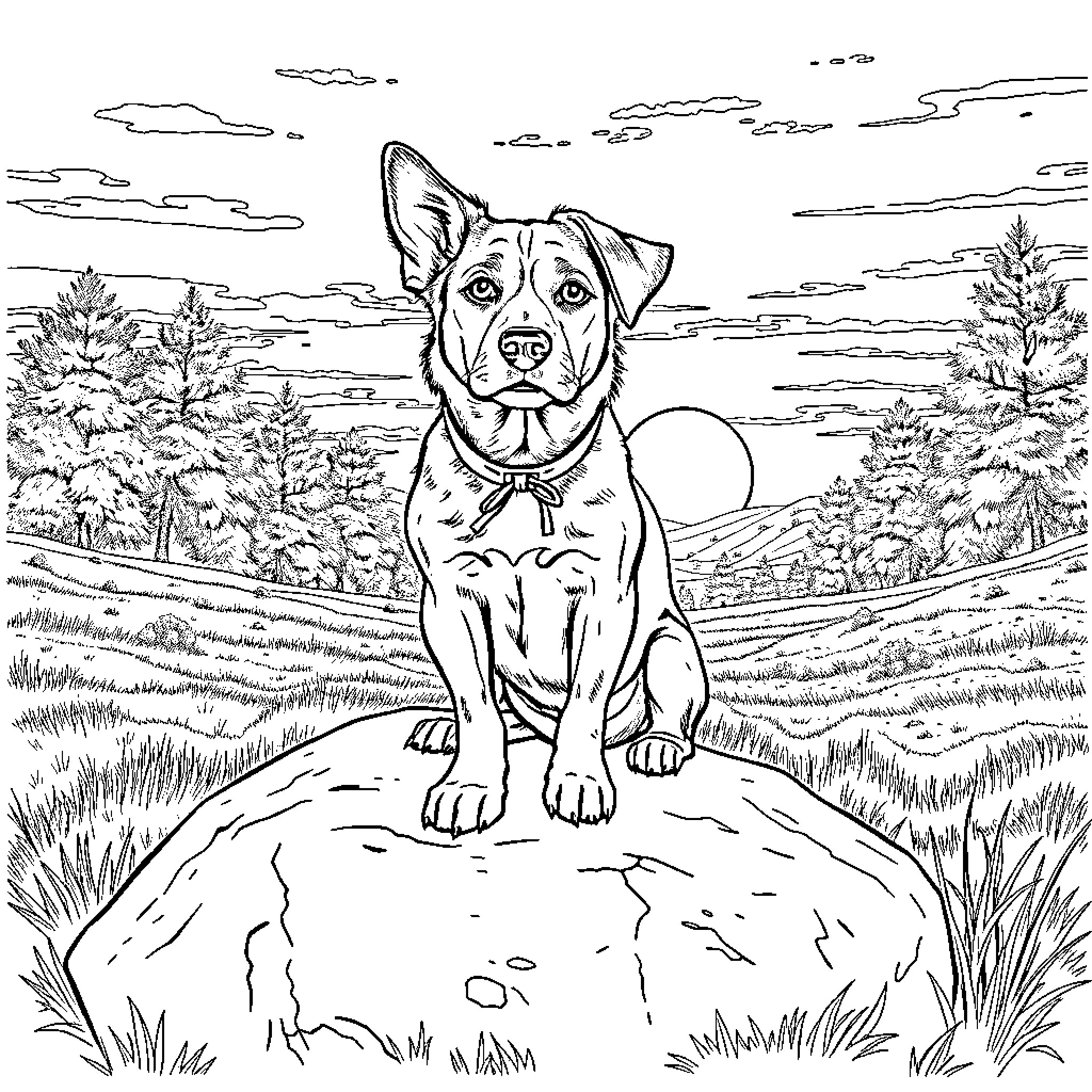 Farmdog exploring the countryside landscape Coloring Page (free black-and-white line drawing printable PDF for all, from beginners to advanced learners, including children, teens, adults, and seniors)
