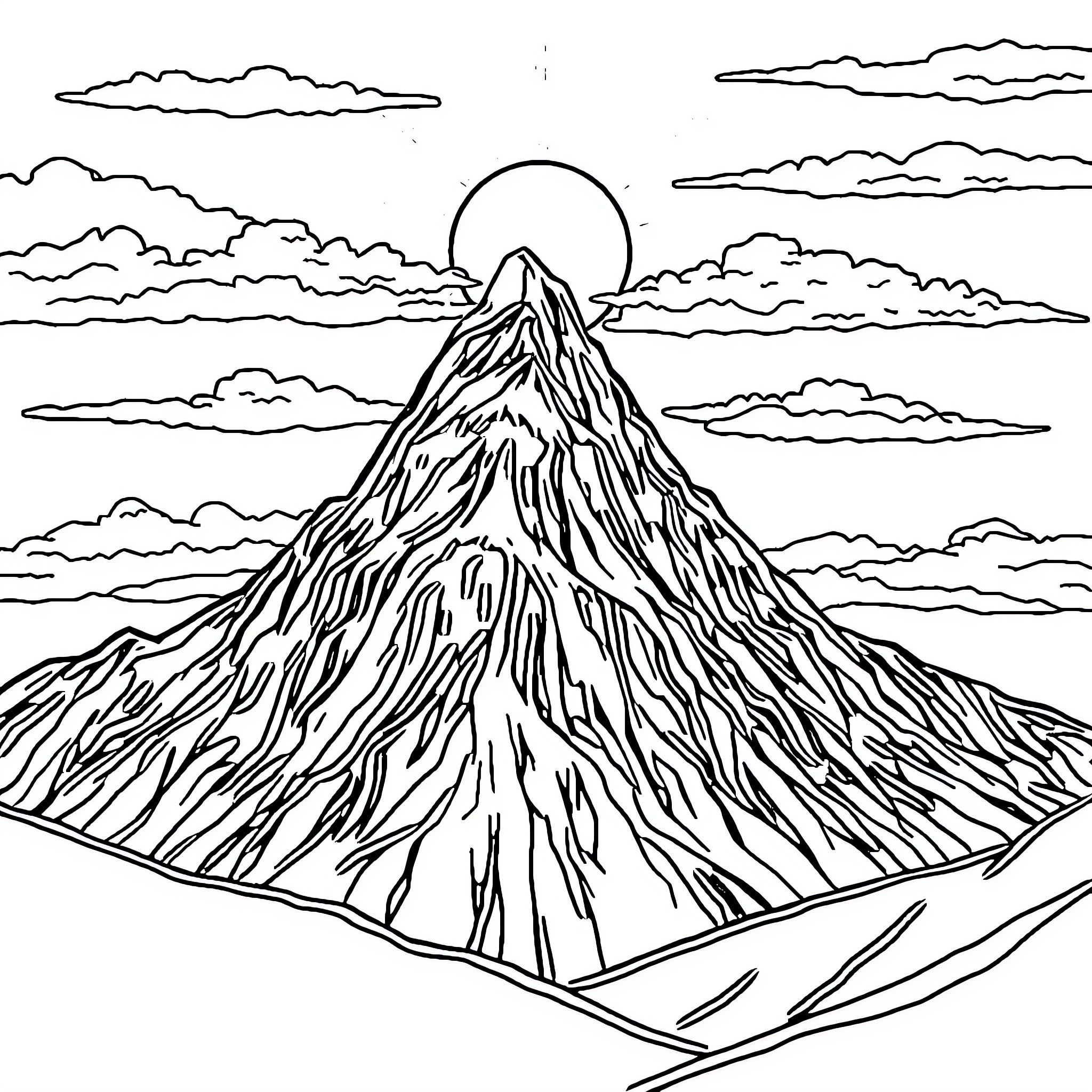 Mountain Landscape under Cloudy Sky Coloring Page (free black-and-white line drawing printable PDF for all, from beginners to advanced learners, including children, teens, adults, and seniors)