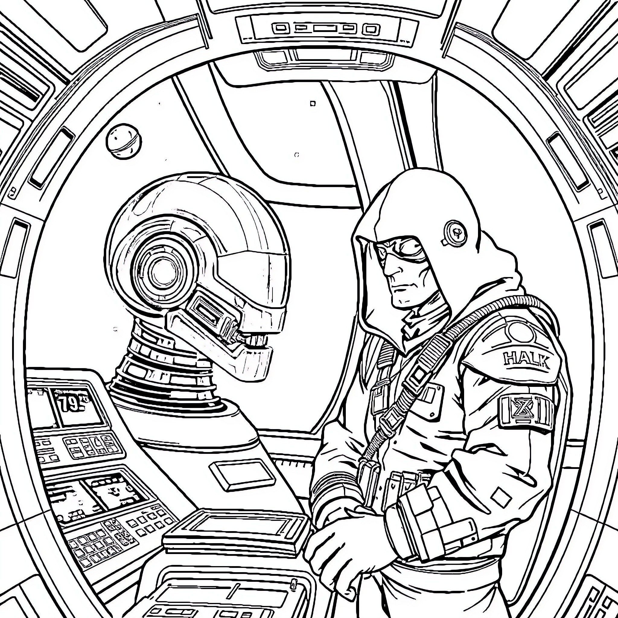 HAL 9000 Astronaut Monitoring Spacecraft Controls Coloring Page (free black-and-white line drawing printable PDF for all, from beginners to advanced learners, including children, teens, adults, and seniors)