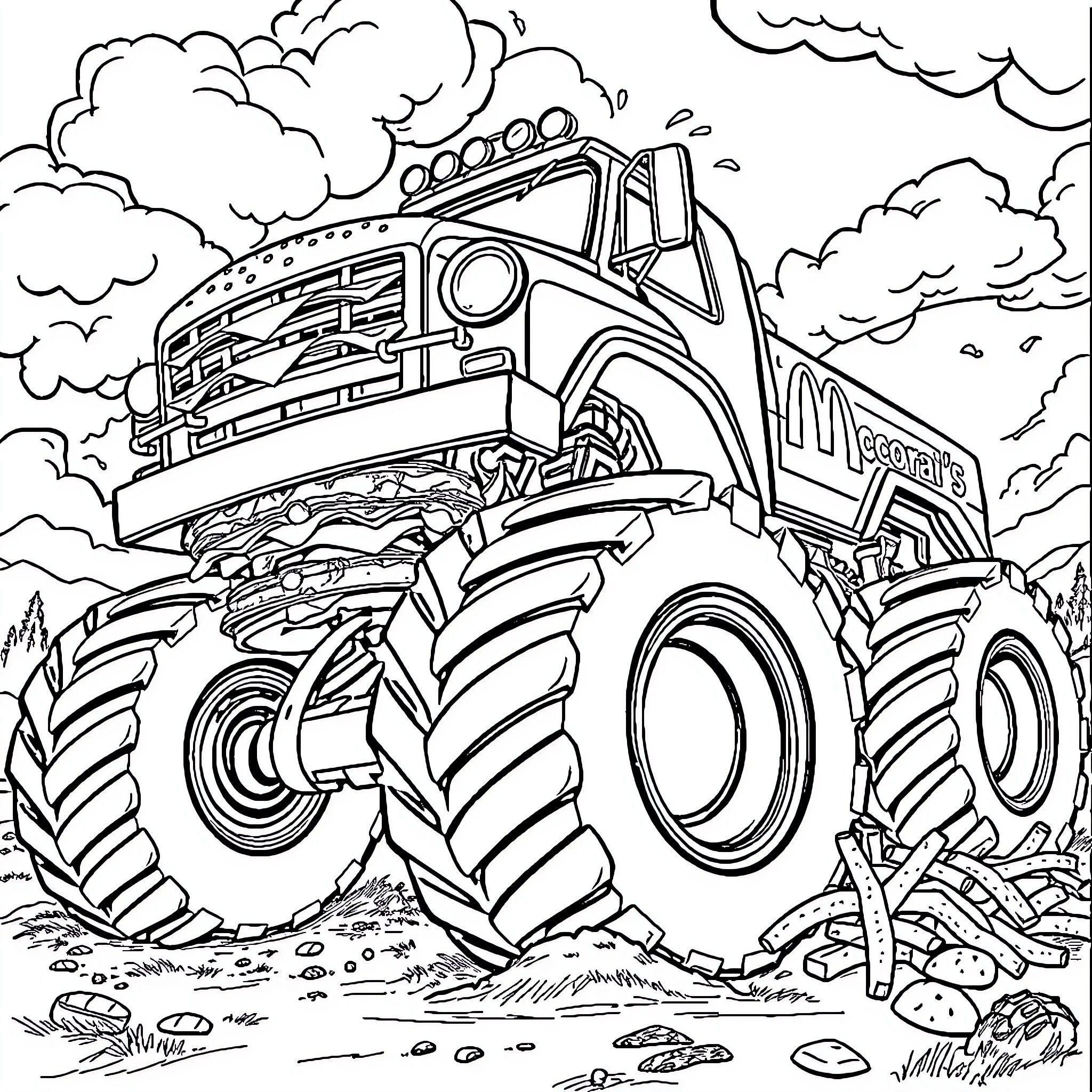 Monster Truck Crushing Through the Rugged Terrain Coloring Page (free black-and-white line drawing printable PDF for all, from beginners to advanced learners, including children, teens, adults, and seniors)
