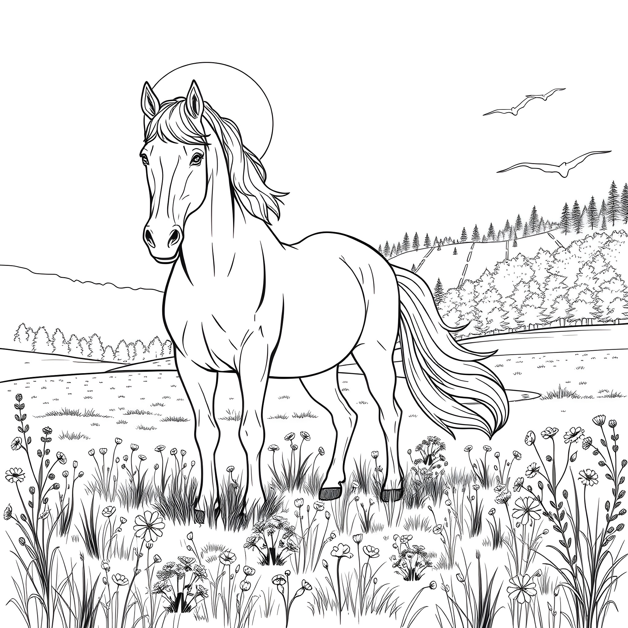 Horse standing amidst a lush meadow with scenic landscape Coloring Page (free black-and-white line drawing printable PDF for all, from beginners to advanced learners, including children, teens, adults, and seniors)