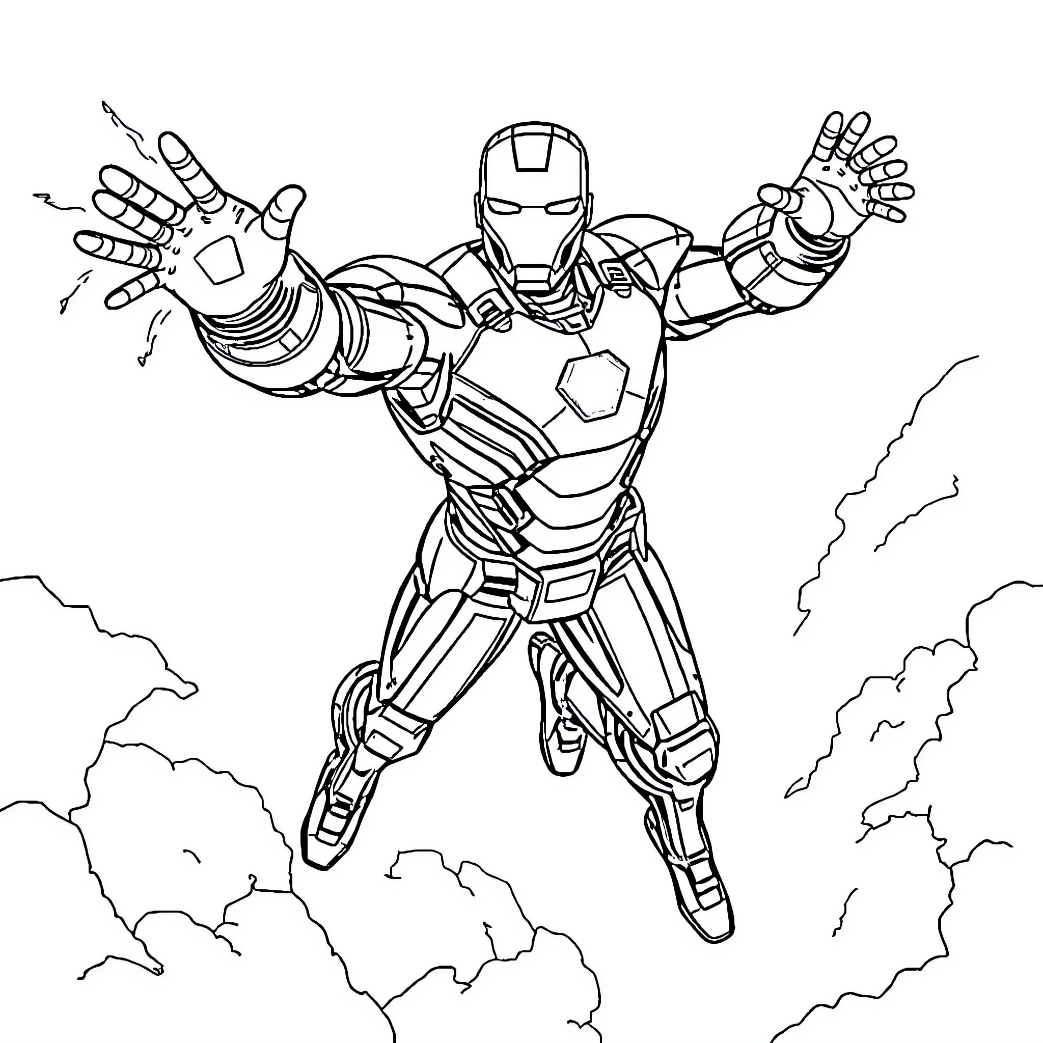 Ironman heroically flying and blasting through the sky Coloring Page (free black-and-white line drawing printable PDF for all, from beginners to advanced learners, including children, teens, adults, and seniors)