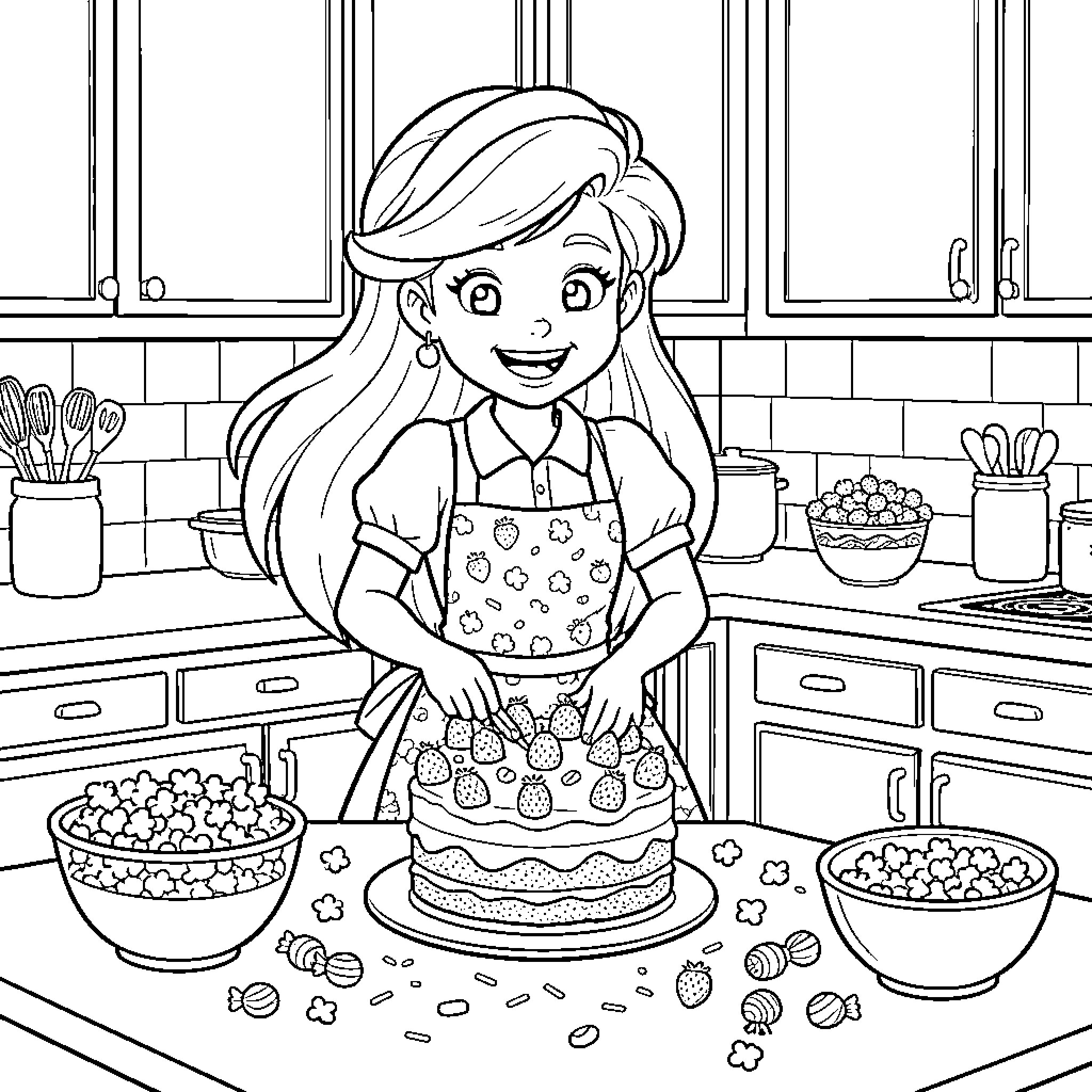 Ariel happily decorating a large strawberry cake in kitchen Coloring Page (free black-and-white line drawing printable PDF for all, from beginners to advanced learners, including children, teens, adults, and seniors)