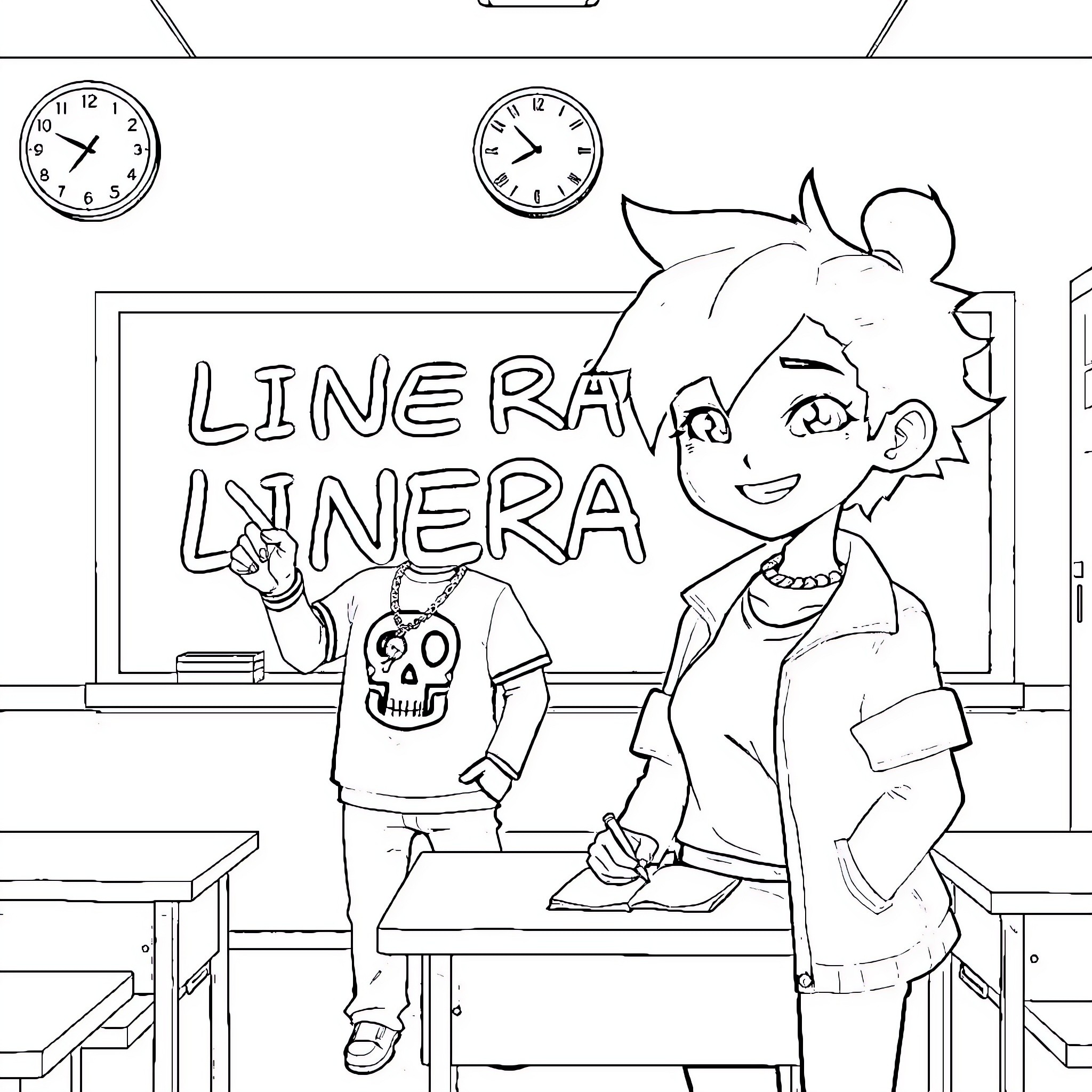 Classroom with energetic student and teacher Coloring Page (free black-and-white line drawing printable PDF for all, from beginners to advanced learners, including children, teens, adults, and seniors)