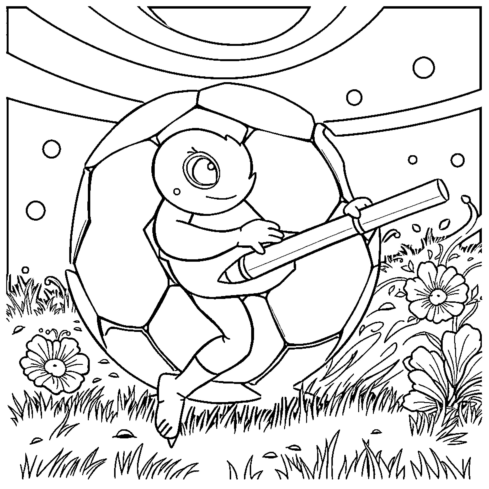Sapo playing happily with soccer ball in the garden Coloring Page (free black-and-white line drawing printable PDF for all, from beginners to advanced learners, including children, teens, adults, and seniors)