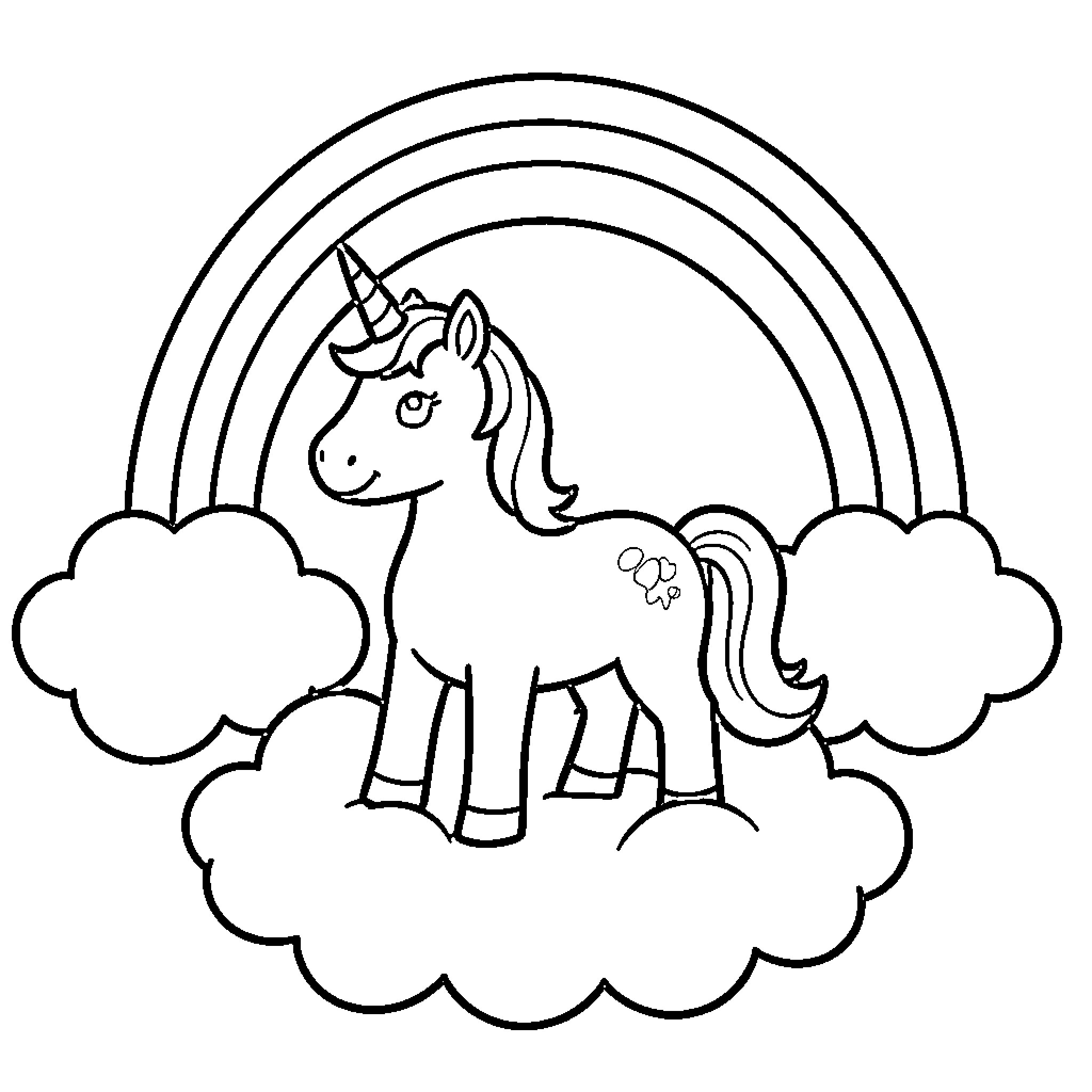Unicorn standing peacefully on fluffy clouds under a rainbow Coloring Page (free black-and-white line drawing printable PDF for all, from beginners to advanced learners, including children, teens, adults, and seniors)