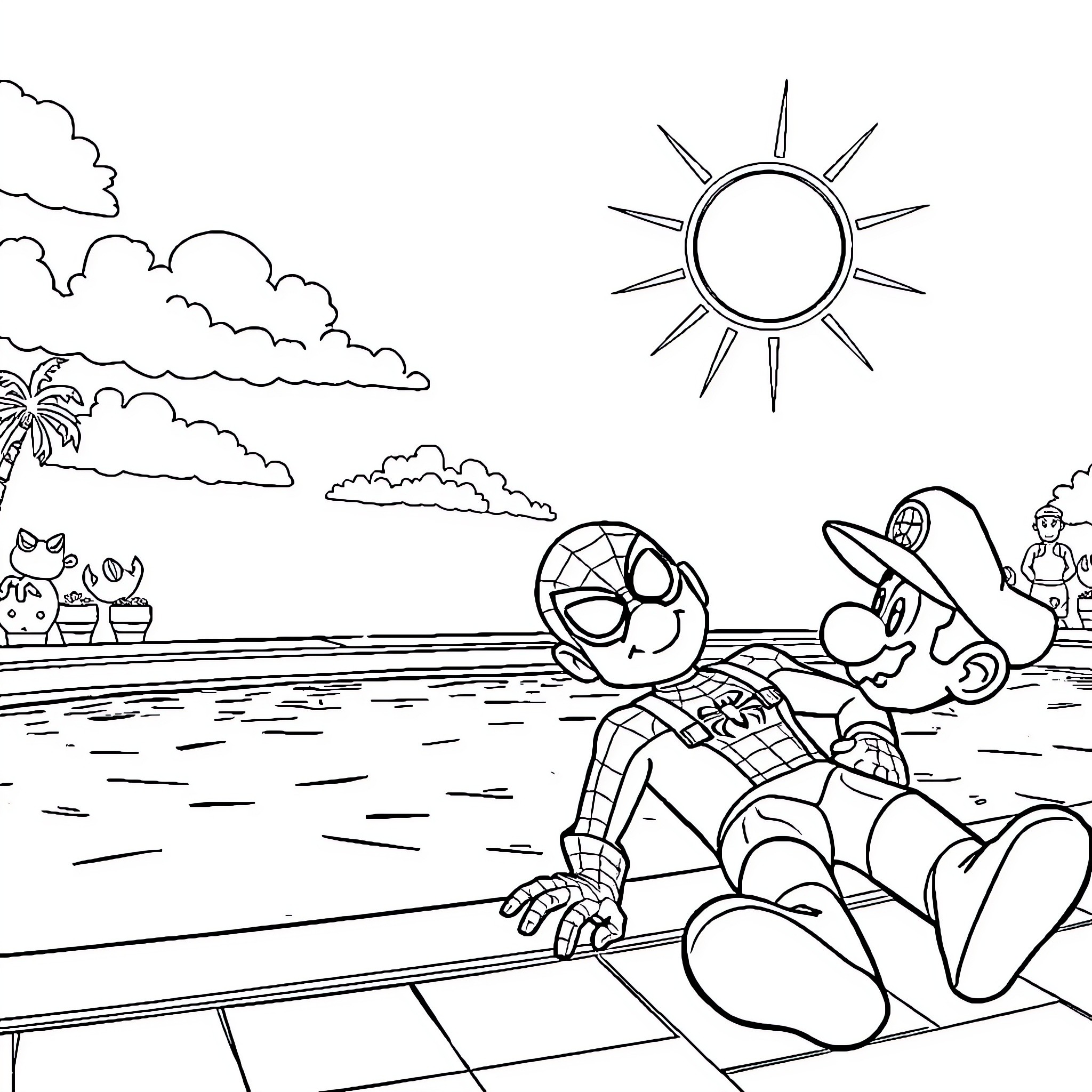 Spiderman relaxing on the beach Coloring Page (free black-and-white line drawing printable PDF for all, from beginners to advanced learners, including children, teens, adults, and seniors)